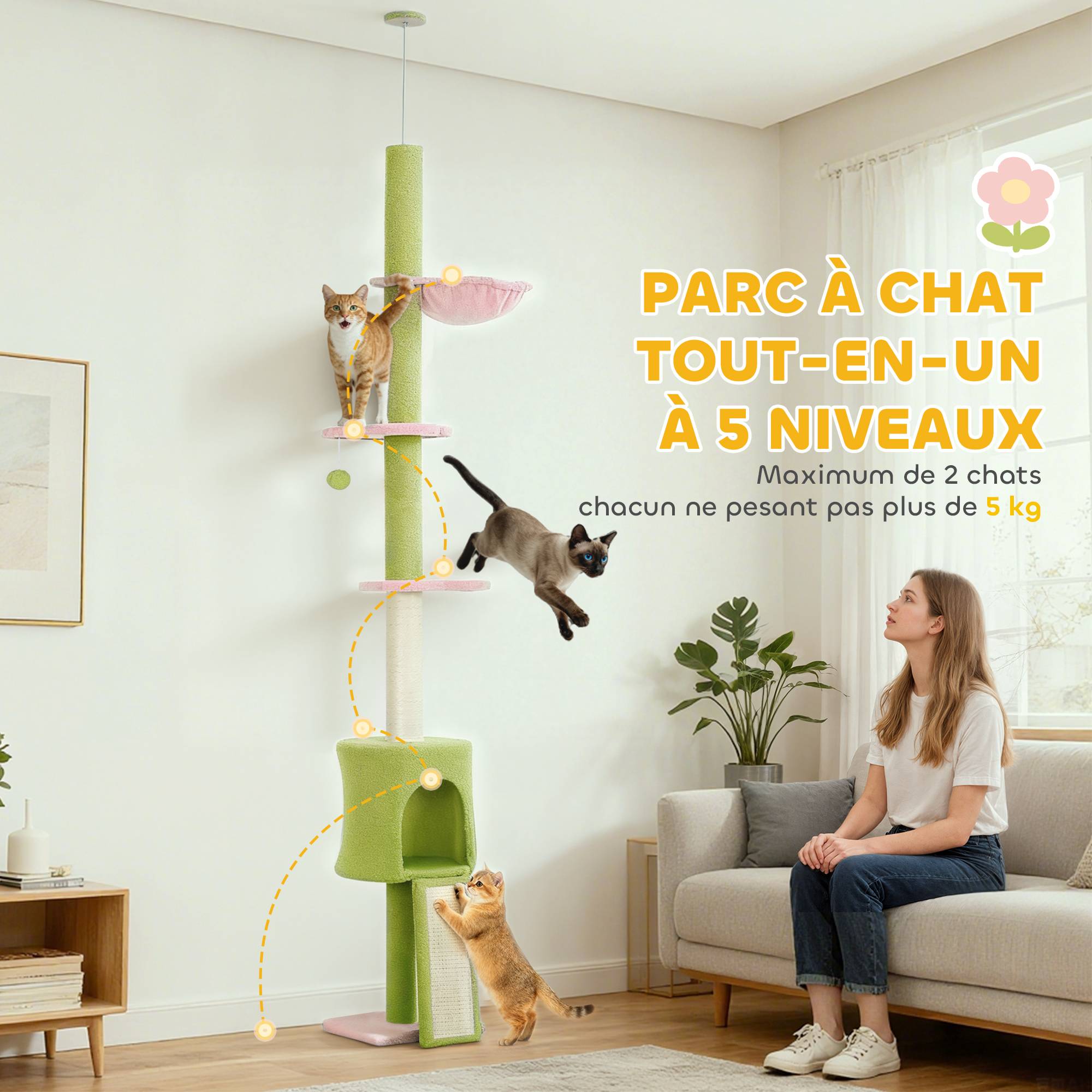 Arbre à chat plafond sisal et polaire vert 30 x 25 x 240 cm - PANGIVO - Image 8