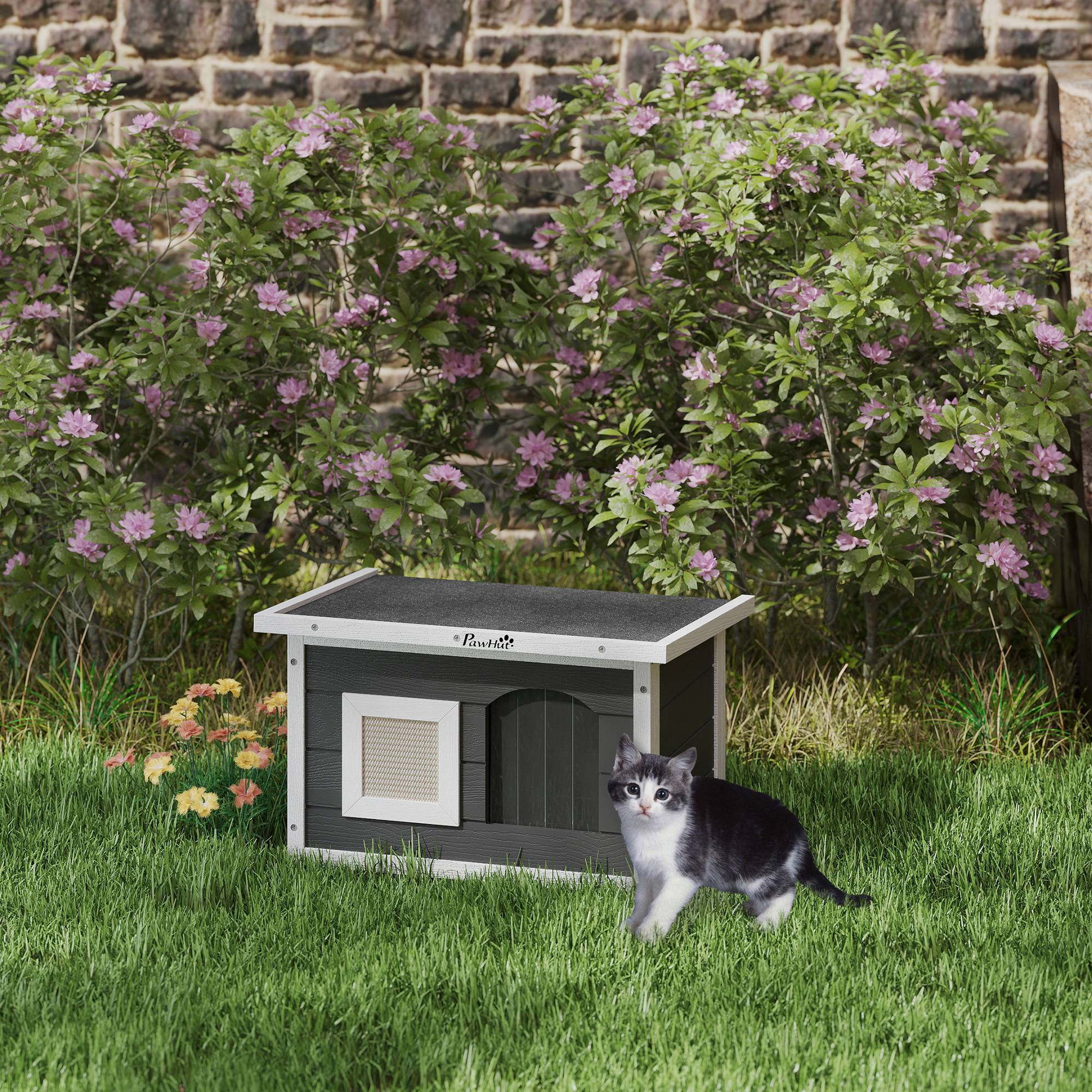 Maison chat refuge chats lapins bois tapis griffoir trappe 61x45x36,5 cm gris - Image 3