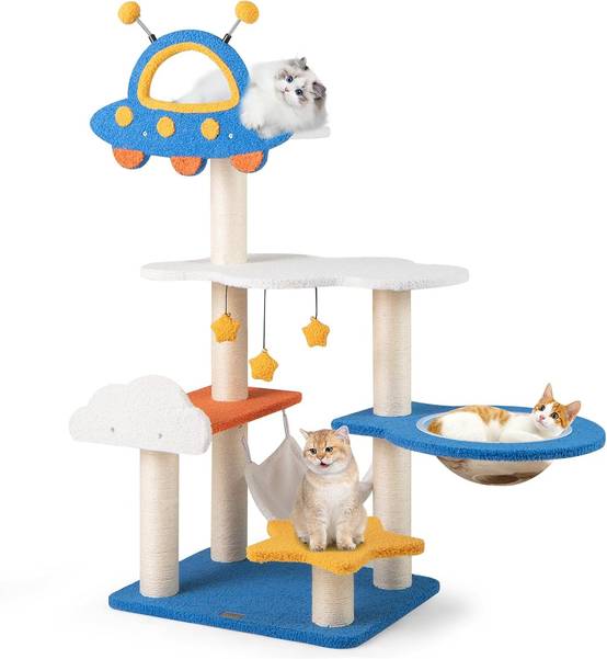 COSTWAY Arbre a Chat Design 124 cm, Arbre a Chat XXL à Thème Spatial, 2 Griffoirs pour Chat, 4 Plateformes, 58 × 45 × 124 cm - Image 1