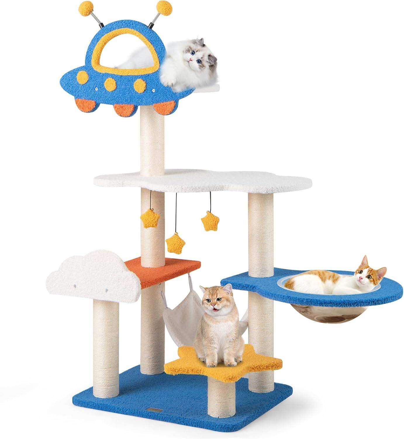 COSTWAY Arbre a Chat Design 124 cm, Arbre a Chat XXL à Thème Spatial, 2 Griffoirs pour Chat, 4 Plateformes, 58 × 45 × 124 cm - Image 1