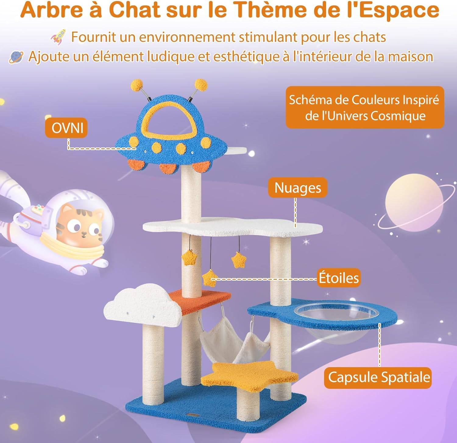 COSTWAY Arbre a Chat Design 124 cm, Arbre a Chat XXL à Thème Spatial, 2 Griffoirs pour Chat, 4 Plateformes, 58 × 45 × 124 cm - Image 4