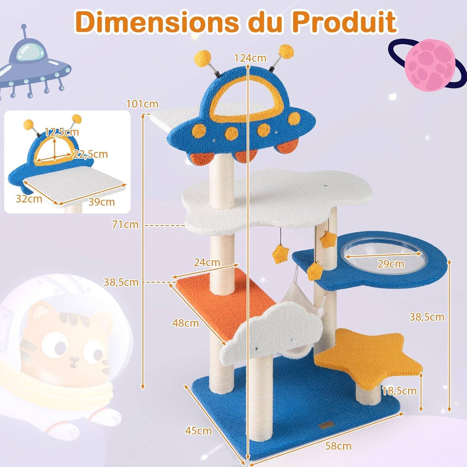 COSTWAY Arbre a Chat Design 124 cm, Arbre a Chat XXL à Thème Spatial, 2 Griffoirs pour Chat, 4 Plateformes, 58 × 45 × 124 cm - Image 3