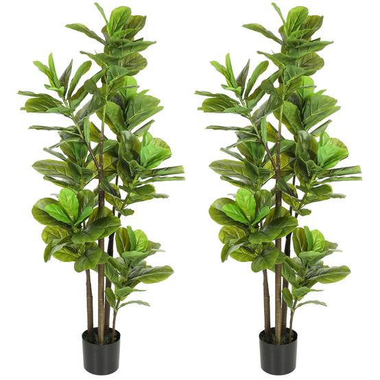 Lot de 2 plantes artificielles intérieures 150 cm, fausse plante à figuier lyre avec pot en ciment, vert - Image 1