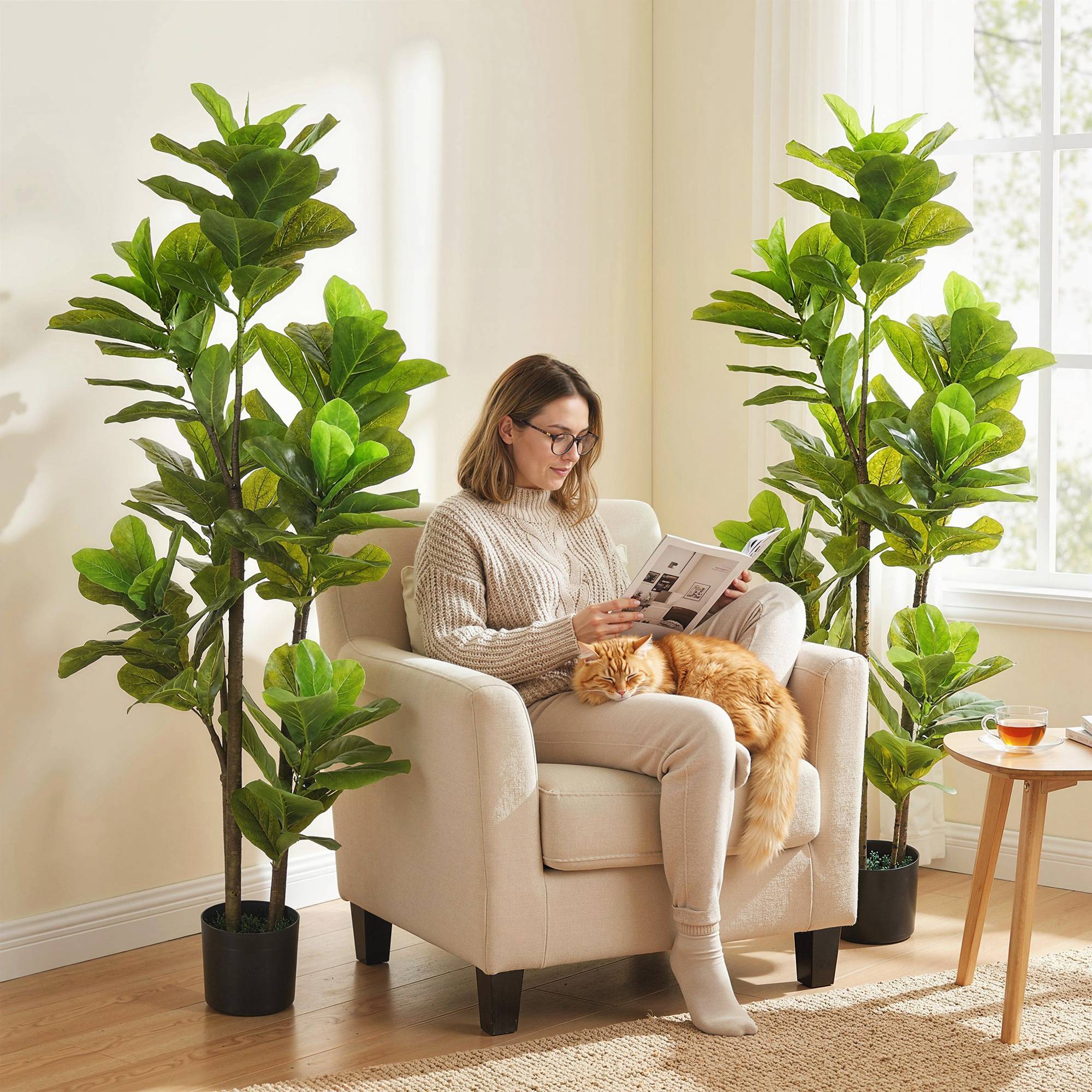 Lot de 2 plantes artificielles intérieures 150 cm, fausse plante à figuier lyre avec pot en ciment, vert - Image 8