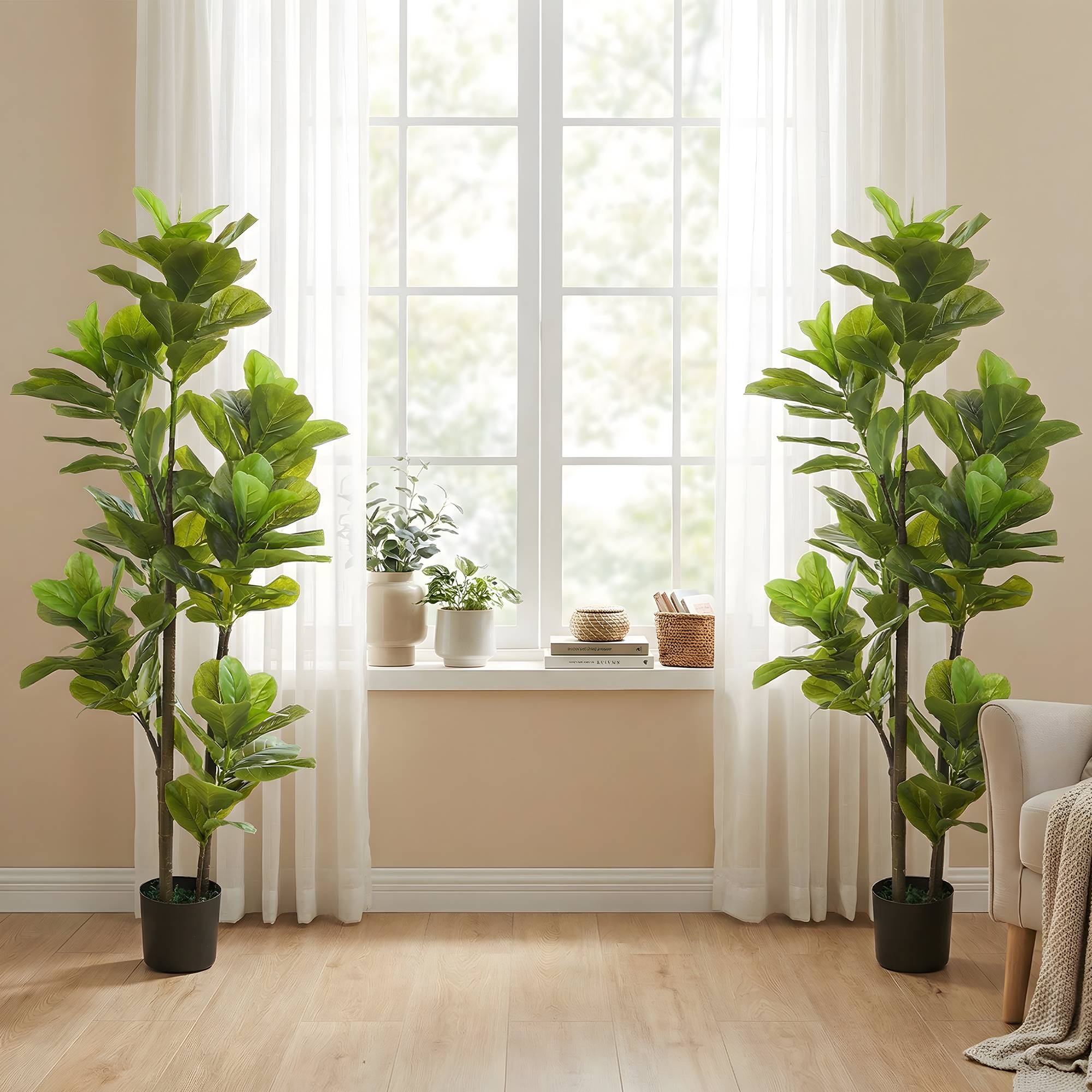 Lot de 2 plantes artificielles intérieures 150 cm, fausse plante à figuier lyre avec pot en ciment, vert - Image 4