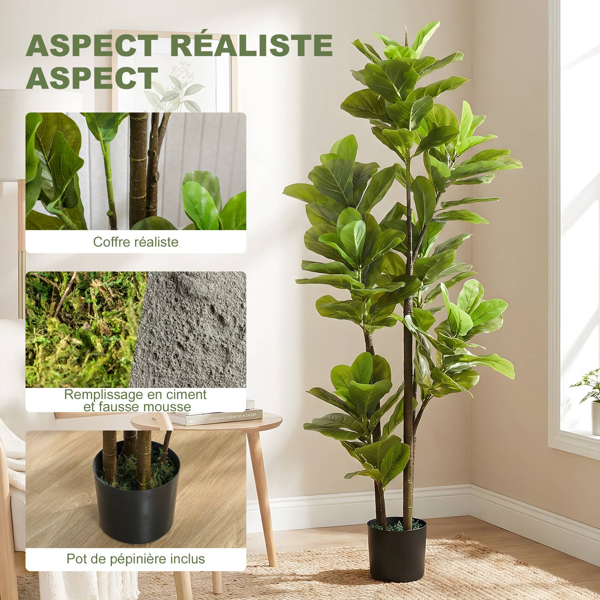 Lot de 2 plantes artificielles intérieures 150 cm, fausse plante à figuier lyre avec pot en ciment, vert - Image 6