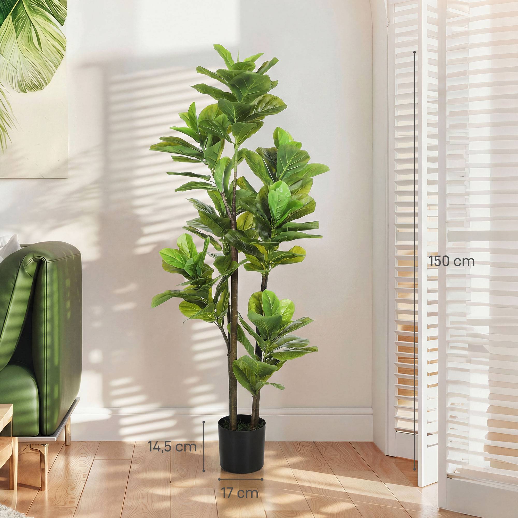 Lot de 2 plantes artificielles intérieures 150 cm, fausse plante à figuier lyre avec pot en ciment, vert - Image 5