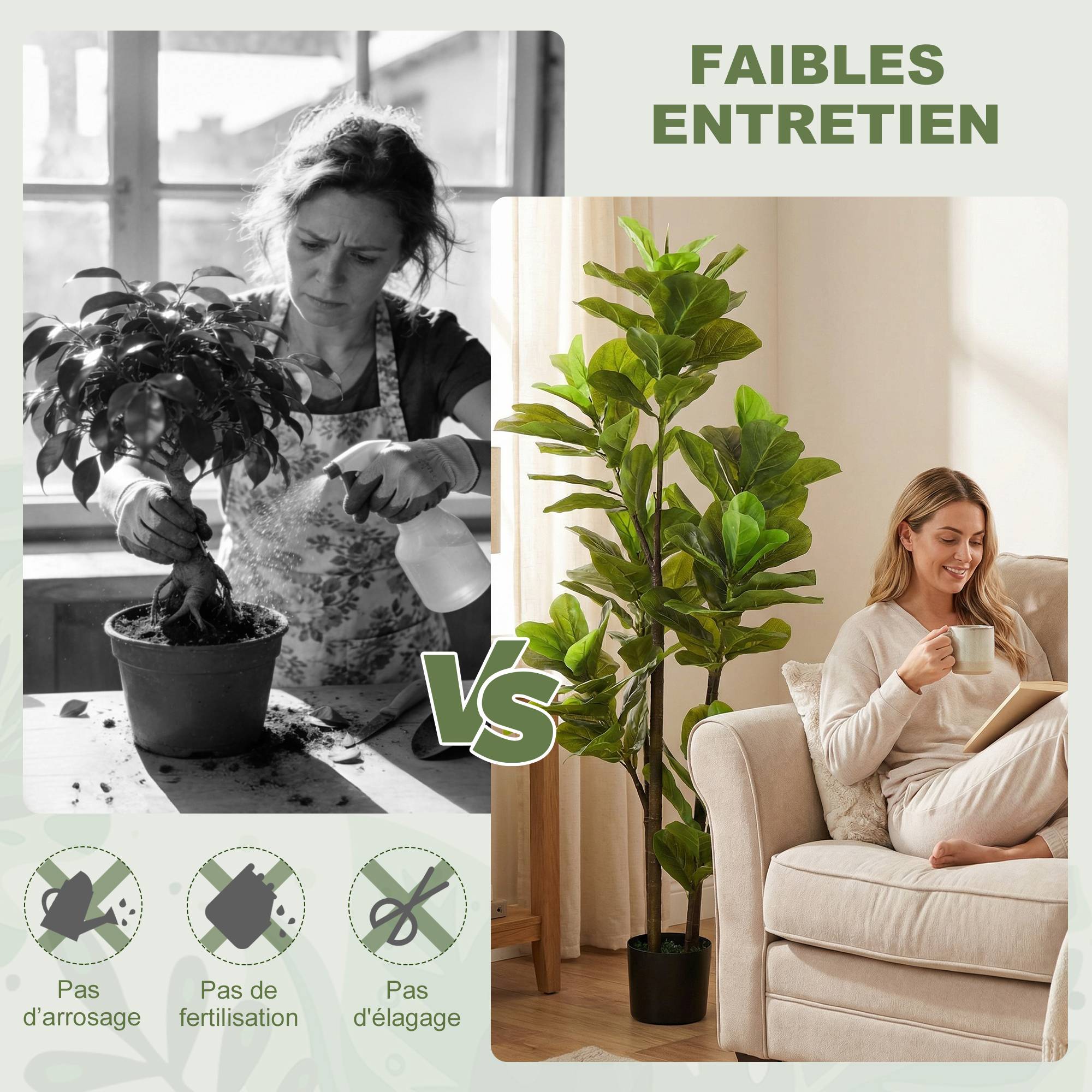Lot de 2 plantes artificielles intérieures 150 cm, fausse plante à figuier lyre avec pot en ciment, vert - Image 7