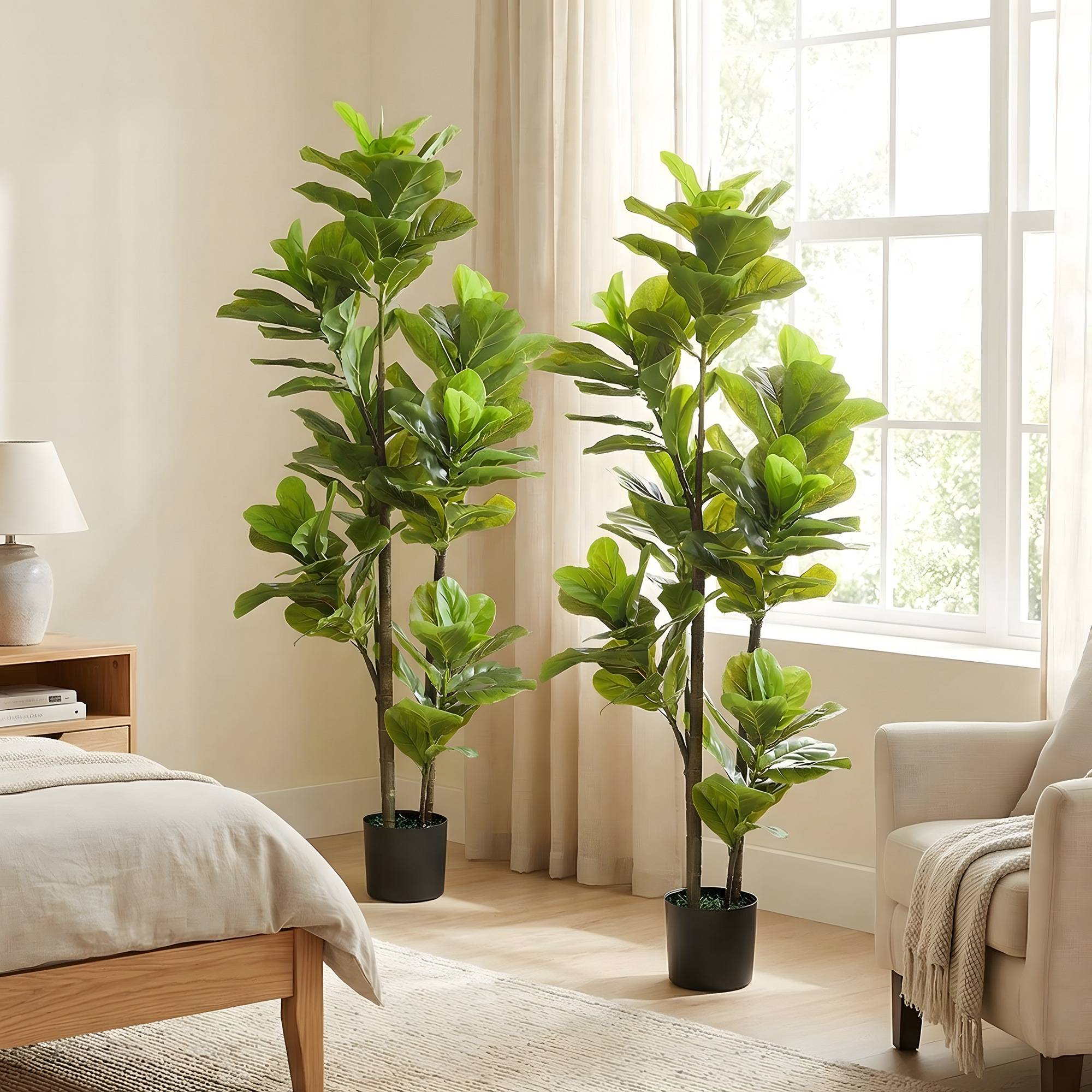 Lot de 2 plantes artificielles intérieures 150 cm, fausse plante à figuier lyre avec pot en ciment, vert - Image 10