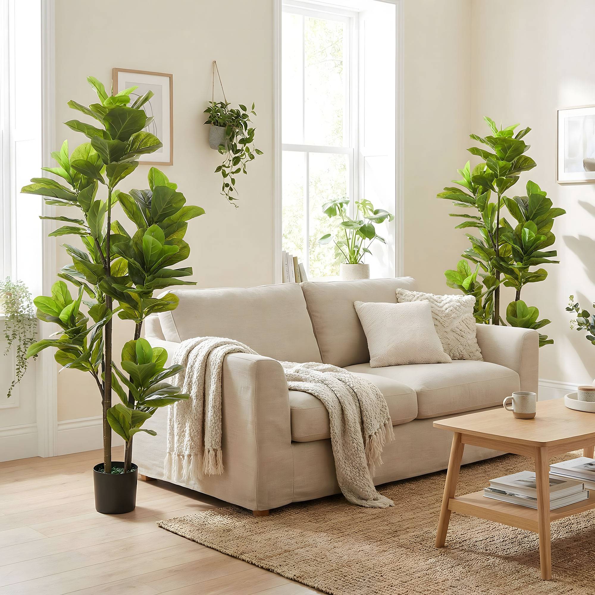 Lot de 2 plantes artificielles intérieures 150 cm, fausse plante à figuier lyre avec pot en ciment, vert - Image 9