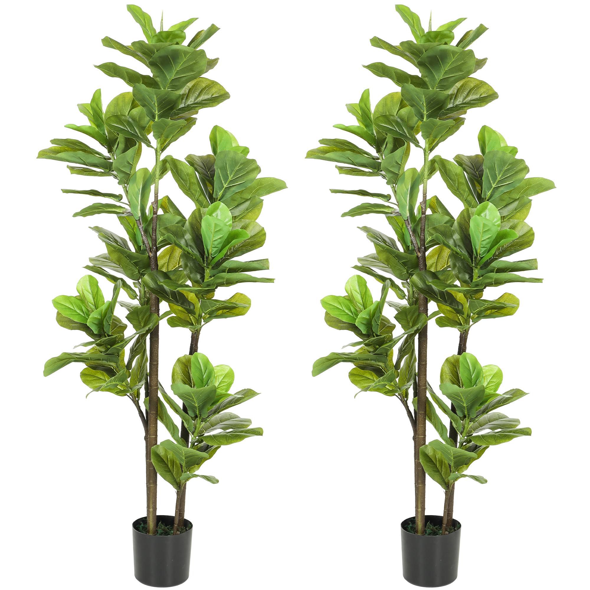 Lot de 2 plantes artificielles intérieures 150 cm, fausse plante à figuier lyre avec pot en ciment, vert - Image 2
