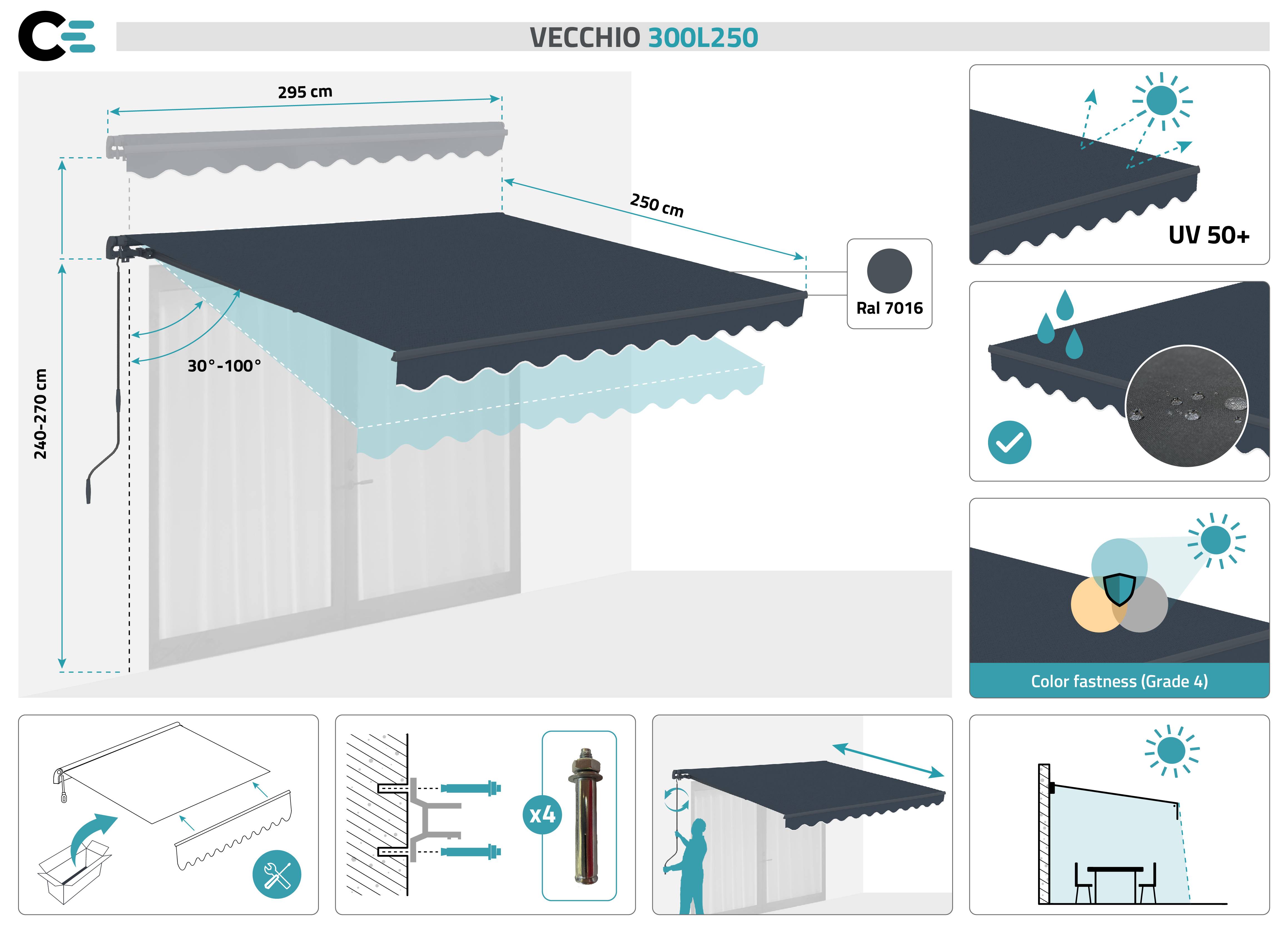 CAZEBOO - Cazeboo Store banne monobloc gris VECCHIO 3x2,5 m avec fixations plafond - Image 2
