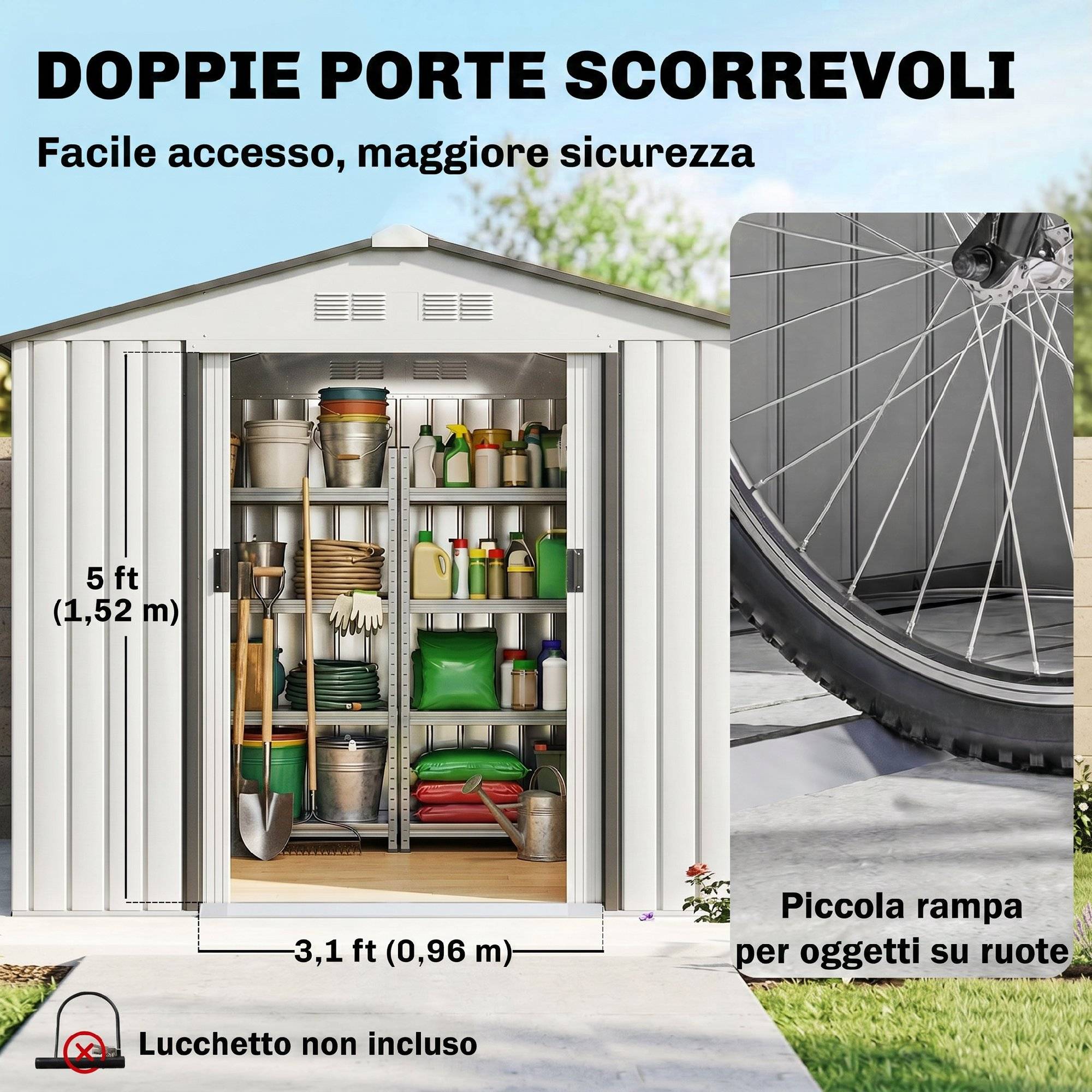 Abri porte-outils en acier, abri de jardin avec portes coulissantes, 213x130x185cm, blanc - Image 7