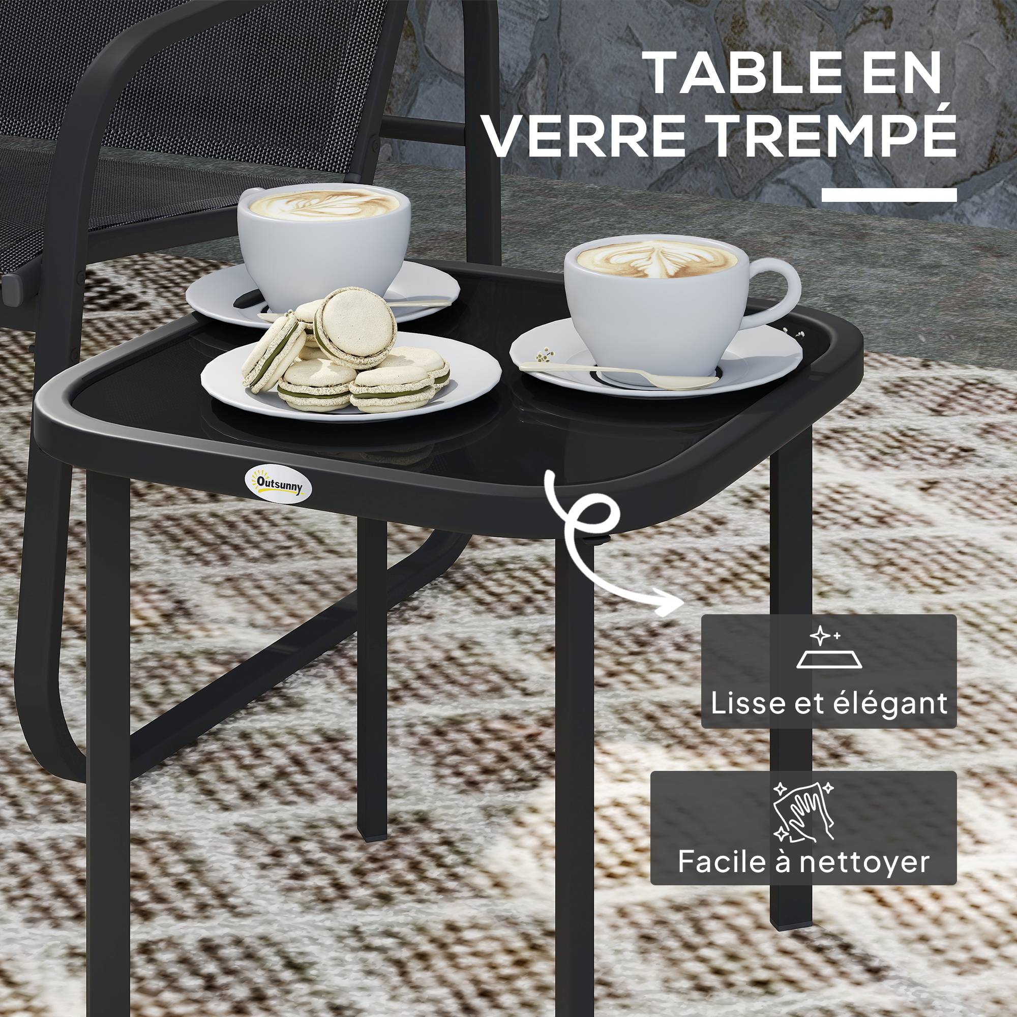 Ensemble bistrot de jardin 3 pièces | Mobilier de jardin Noir Polyester 70x59x75 cm - Image 9
