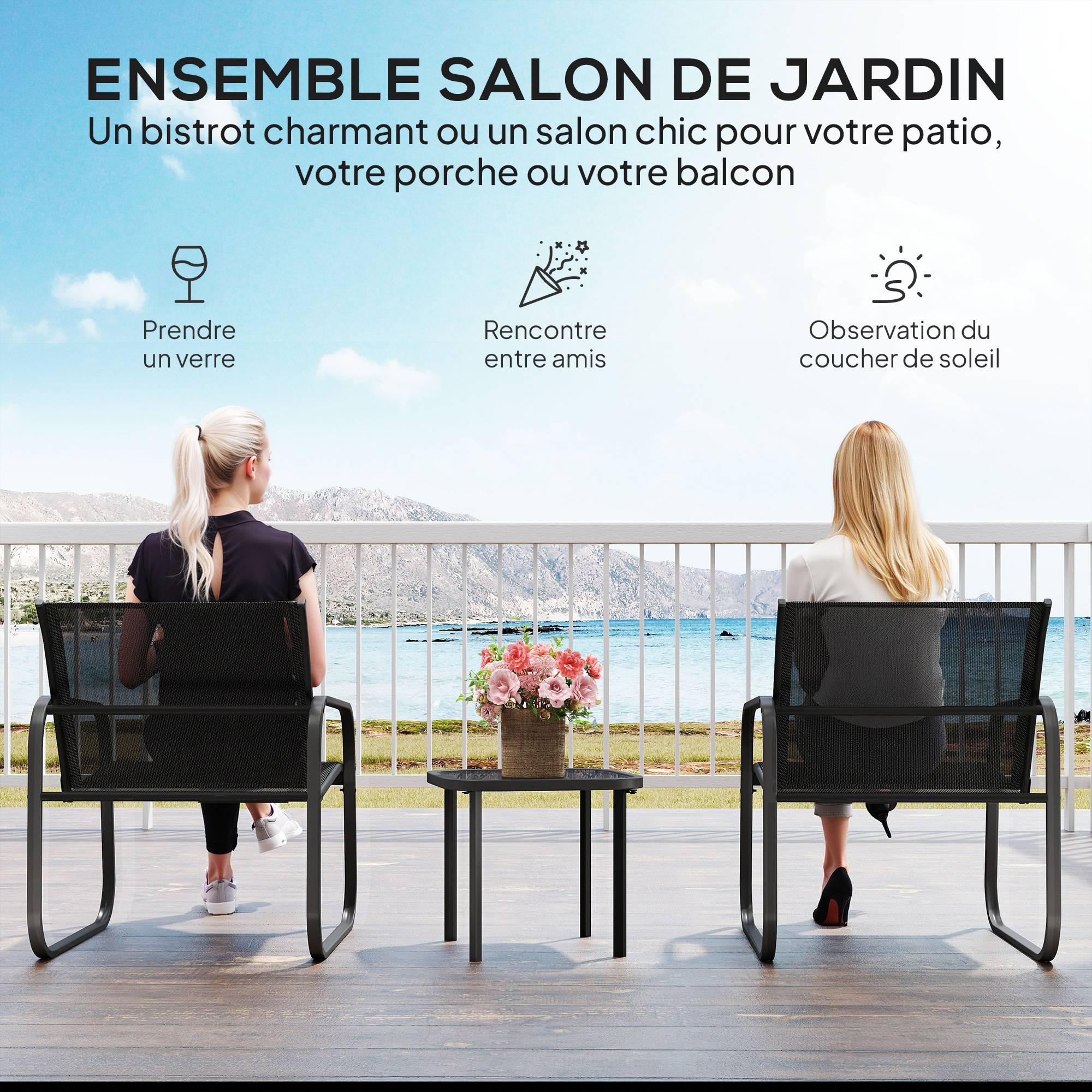 Ensemble bistrot de jardin 3 pièces | Mobilier de jardin Noir Polyester 70x59x75 cm - Image 6