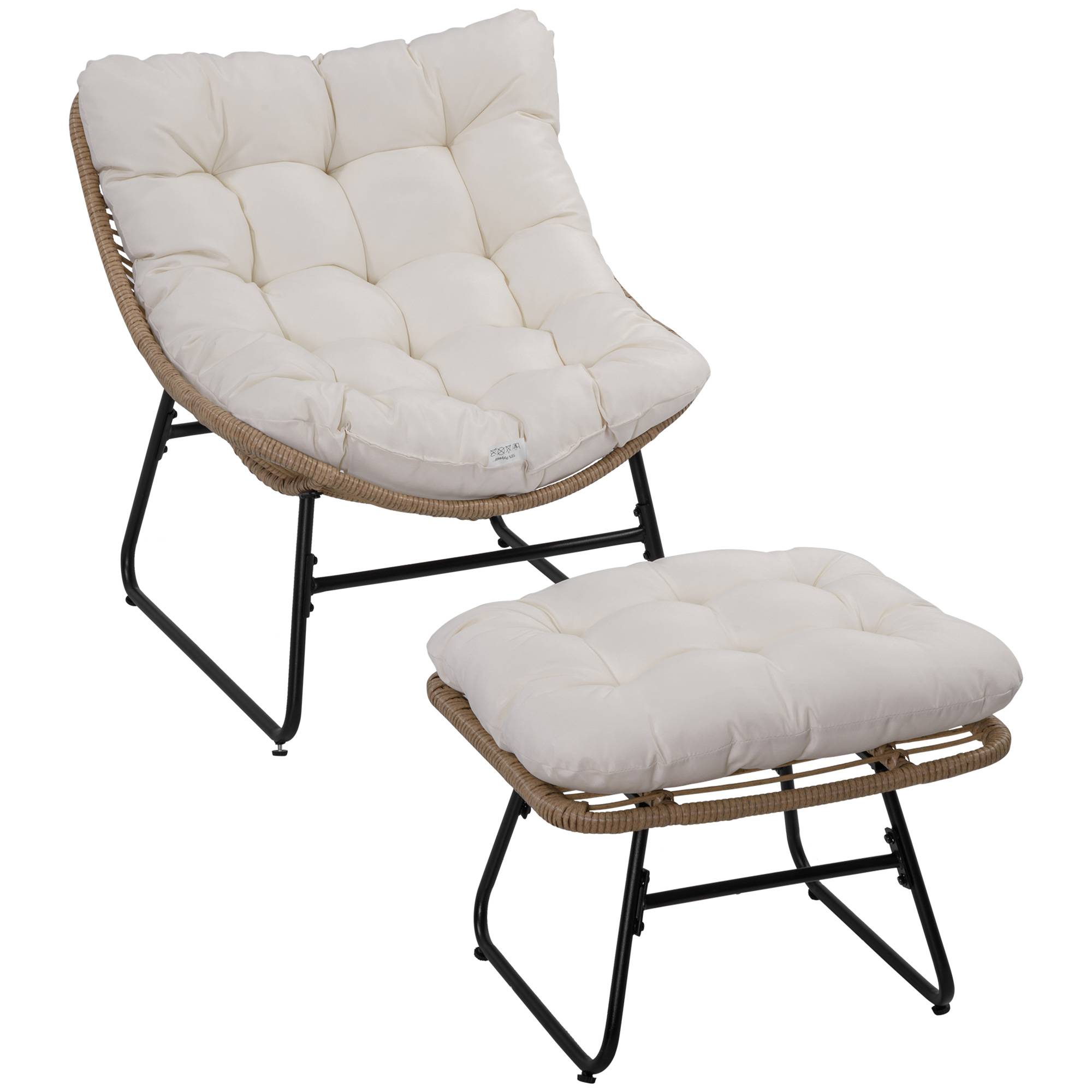 Sans Marque - Fauteuil chaise de jardin avec repose-pieds en métal époxy et résine tressée aspect rotin avec coussins - Image 1