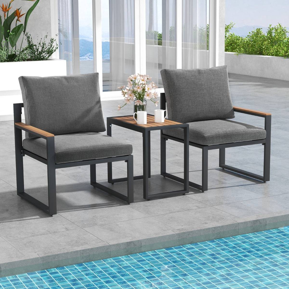 Helloshop26 - Meubles 3 pièces de patio cadre en aluminium résistant aux intempéries salon de jardin 2 fauteuils avec coussins moelleux gris - Imagen 2