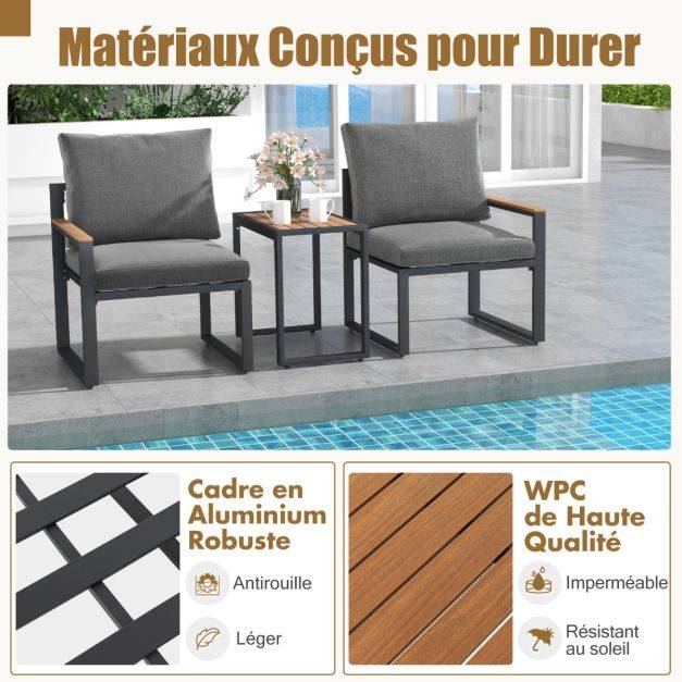 Helloshop26 - Meubles 3 pièces de patio cadre en aluminium résistant aux intempéries salon de jardin 2 fauteuils avec coussins moelleux gris - Imagen 3