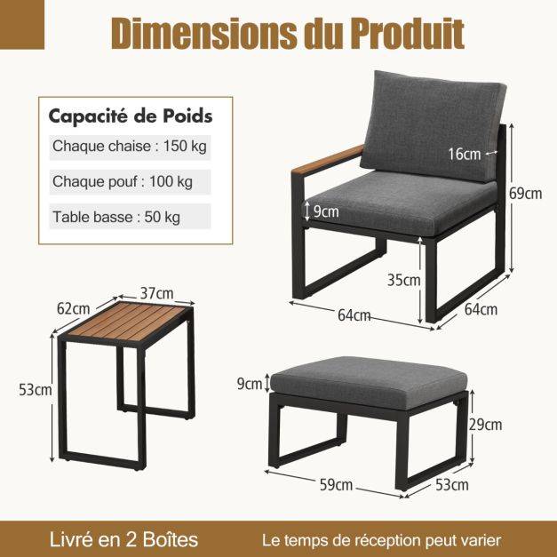 Helloshop26 - Meubles 3 pièces de patio cadre en aluminium résistant aux intempéries salon de jardin 2 fauteuils avec coussins moelleux gris - Imagen 5
