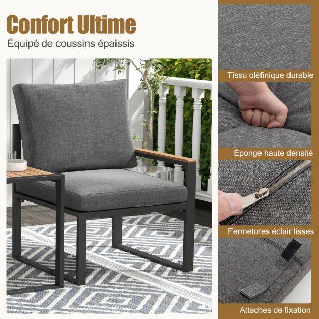 Helloshop26 - Meubles 3 pièces de patio cadre en aluminium résistant aux intempéries salon de jardin 2 fauteuils avec coussins moelleux gris - Imagen 4