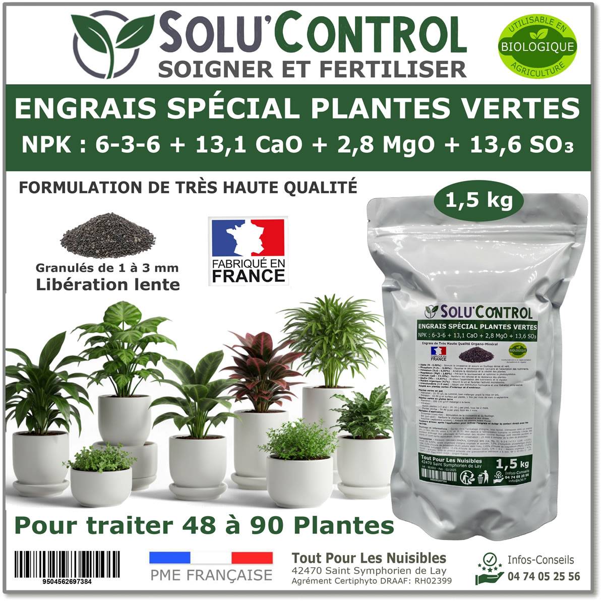 SOLU’CONTROL - 1,5 kg d' Engrais Spécial Plantes Vertes 6-3-6 - Croissance, Feuillage Dense & Vitalité - Formulation Organo-Minerale