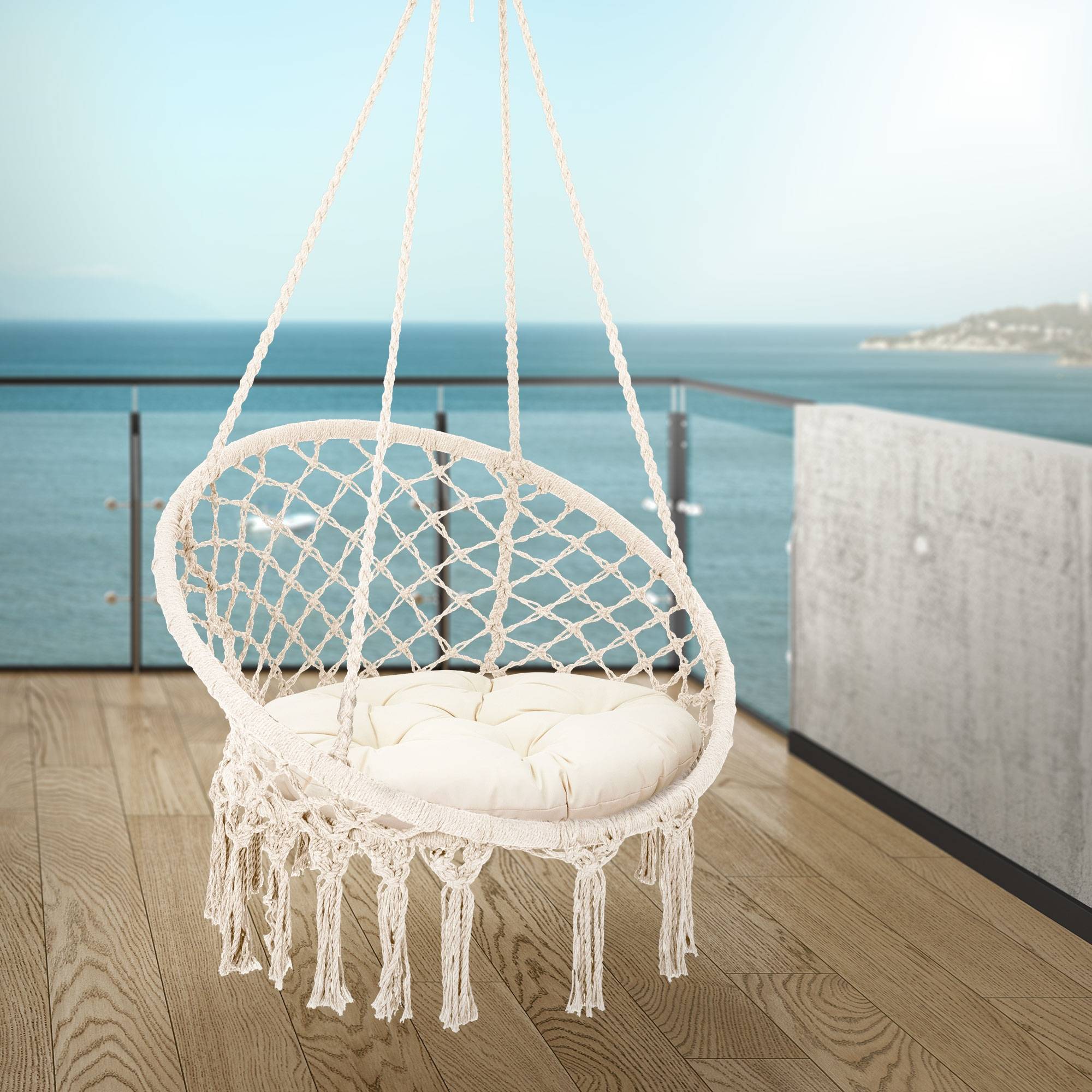 Ml-Design - Fauteuil suspendu à franges avec coussin de siège macramé balançoire beige coton - Imagen 7