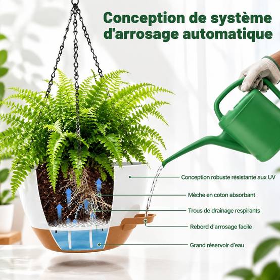 Lot de 2 Pots de Fleurs Suspendus Auto-Arrosables 25 cm Résistants Intérieur Extérieur - Image 3