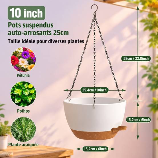Lot de 2 Pots de Fleurs Suspendus Auto-Arrosables 25 cm Résistants Intérieur Extérieur - Image 2