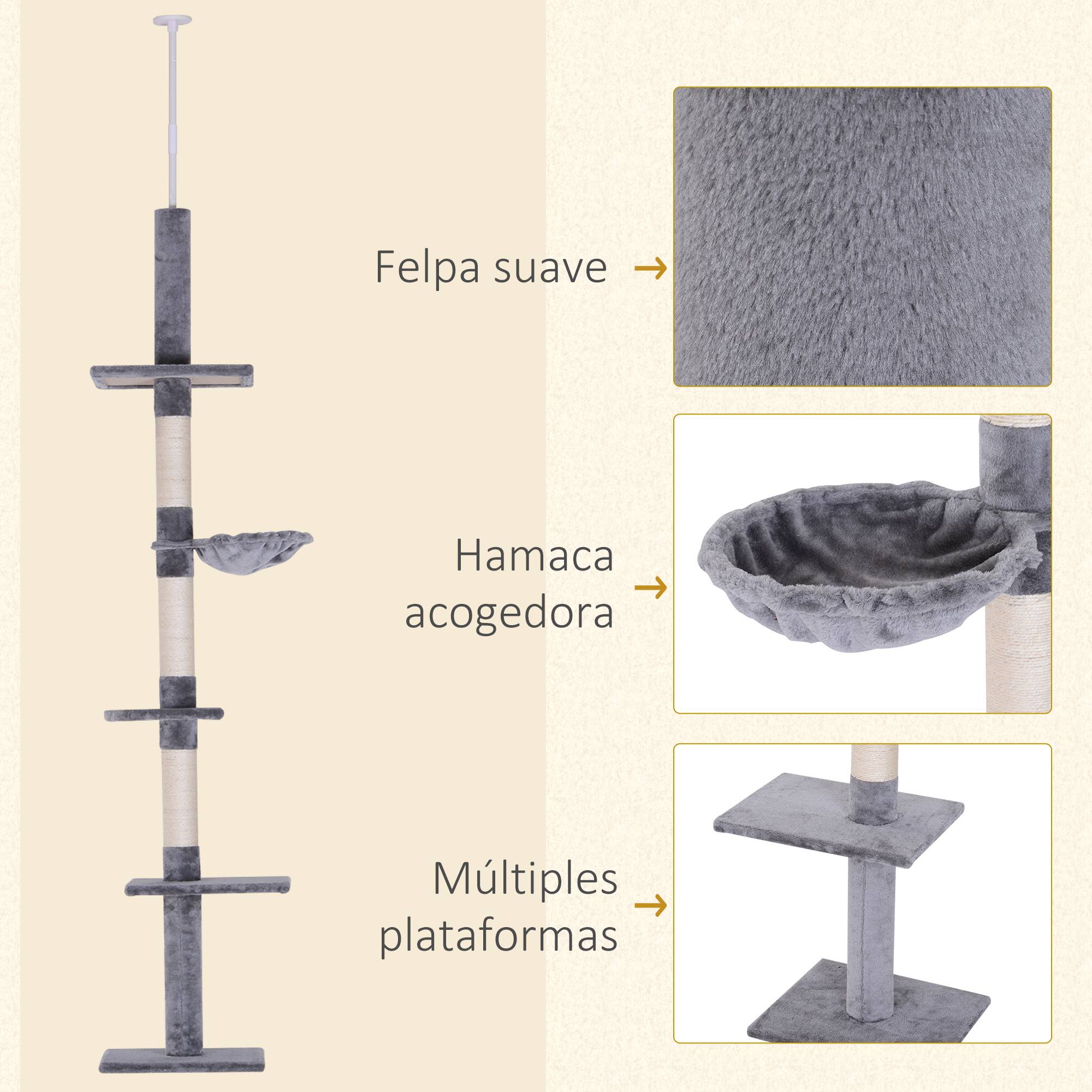 Arbre à Chat Sol-Plafond Réglable en Sisal avec Hamac et Plateformes 230-260 cm Gris - ComfortXL Outdoor Living - Image 8