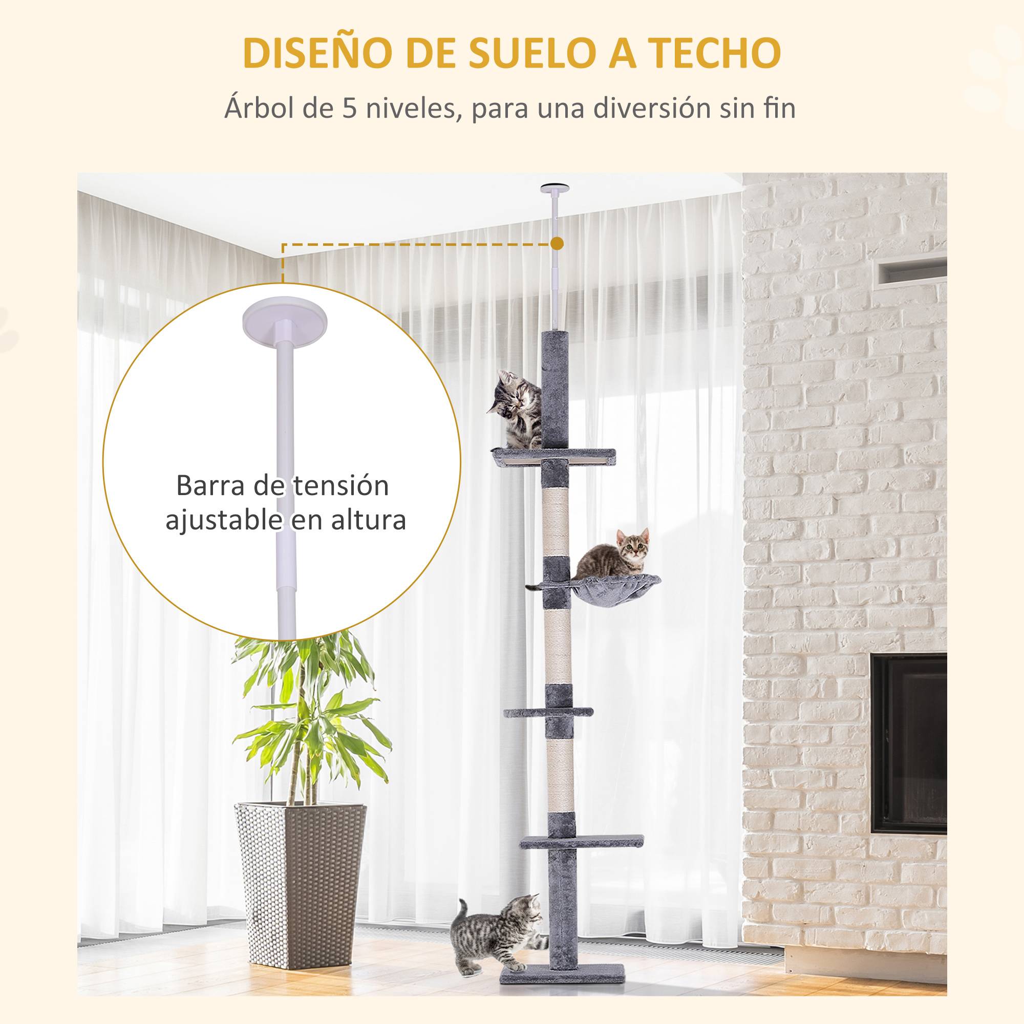 Arbre à Chat Sol-Plafond Réglable en Sisal avec Hamac et Plateformes 230-260 cm Gris - ComfortXL Outdoor Living - Image 7