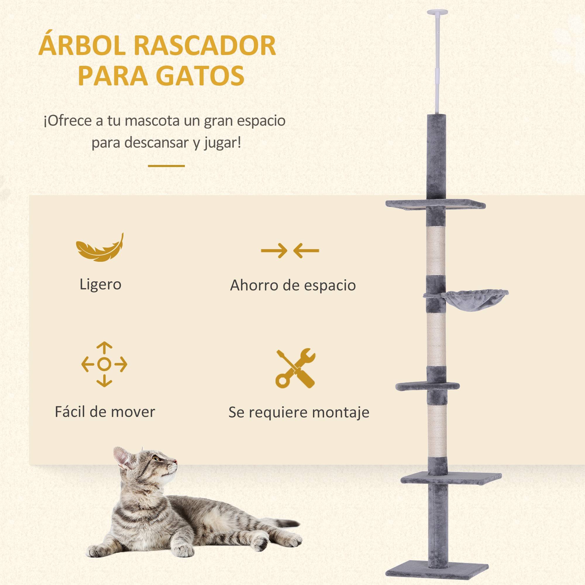 Arbre à Chat Sol-Plafond Réglable en Sisal avec Hamac et Plateformes 230-260 cm Gris - ComfortXL Outdoor Living - Image 6