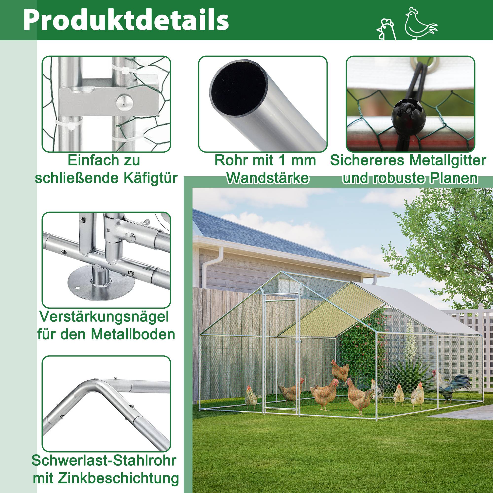 Volière Poulailler Acier 12.12m² Jardin Toit et Échelle 3x4m Blanc - ComfortXL Outdoor Living - Image 6