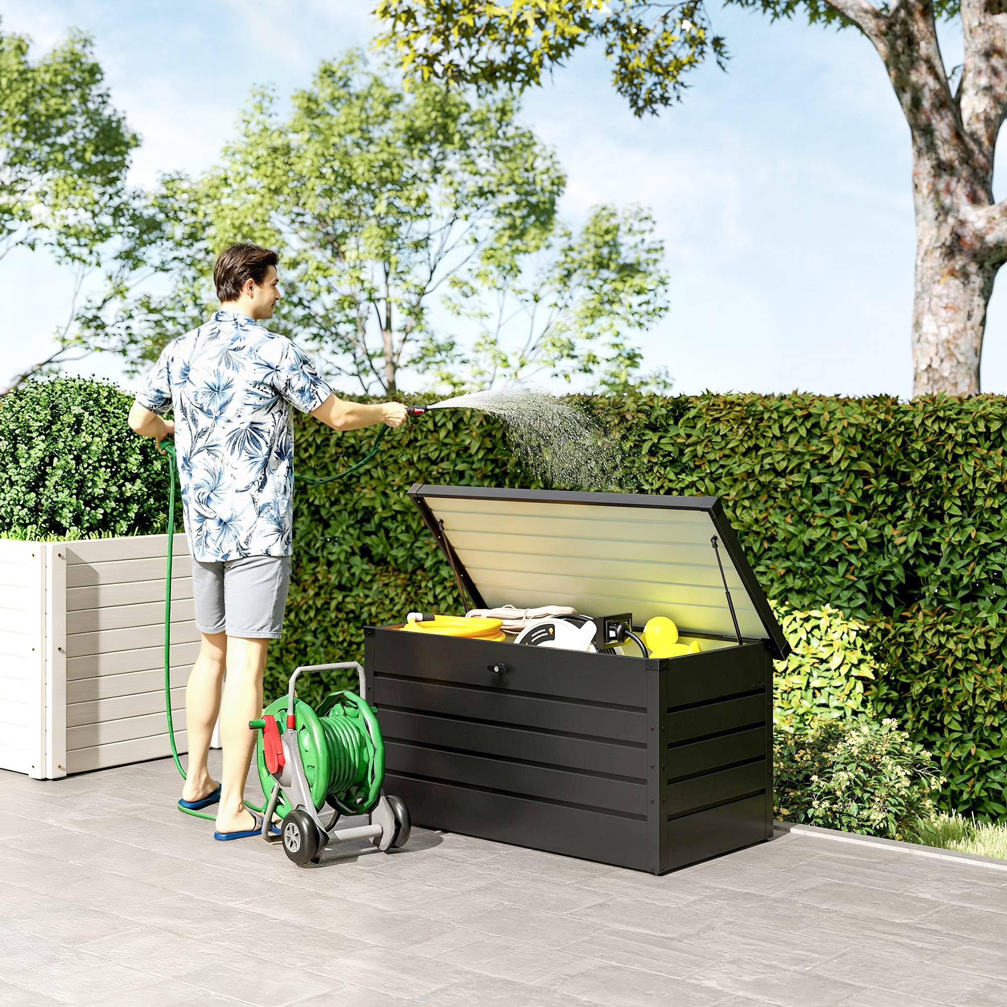 Banc coffre de rangement en acier pour extérieur avec serrure et pistons 120x62x62cm Gris - ComfortXL Outdoor Living - Image 4