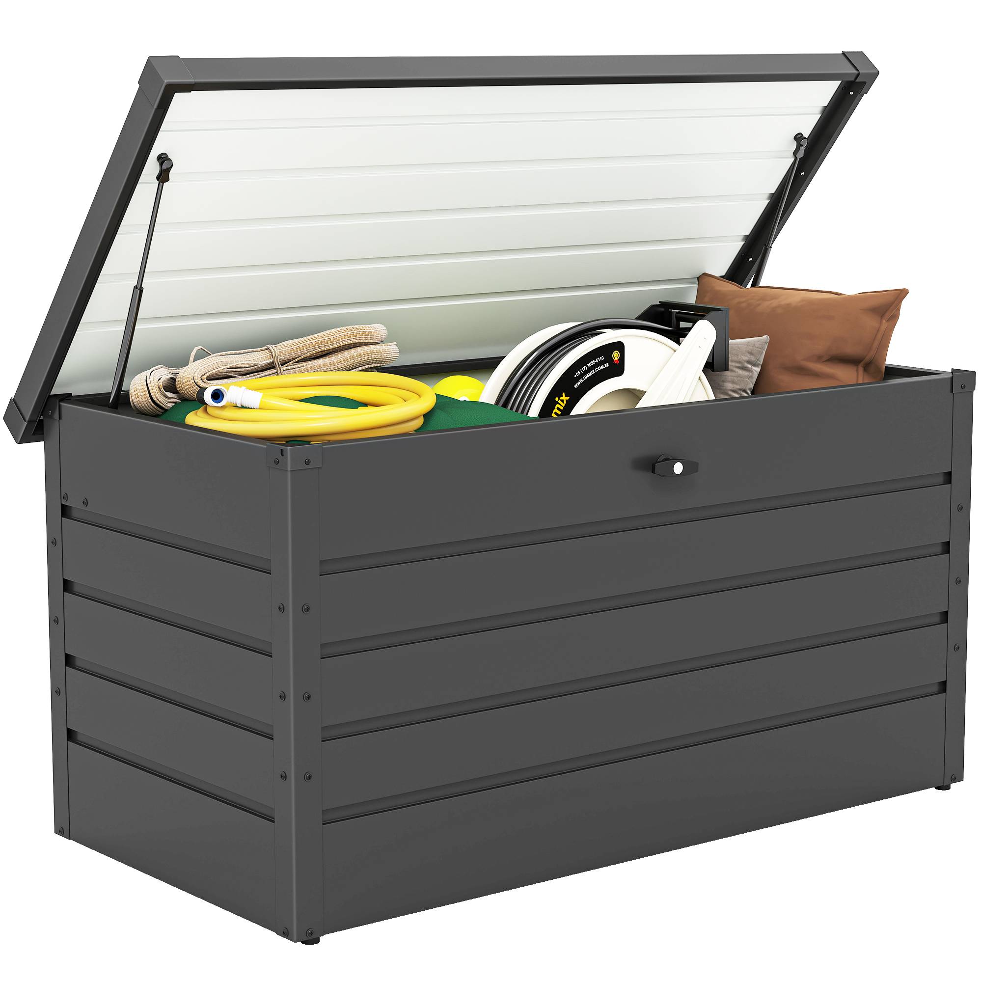 Banc coffre de rangement en acier pour extérieur avec serrure et pistons 120x62x62cm Gris - ComfortXL Outdoor Living