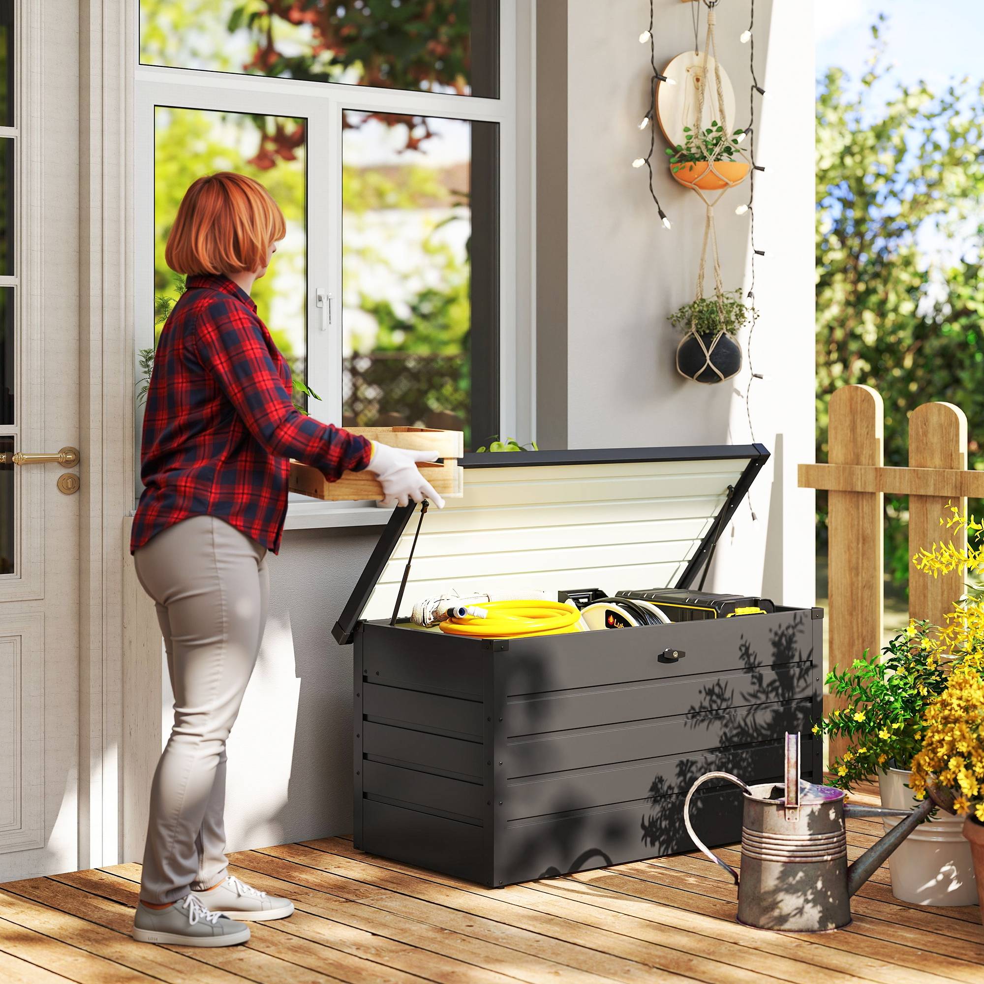 Banc coffre de rangement en acier pour extérieur avec serrure et pistons 120x62x62cm Gris - ComfortXL Outdoor Living - Image 3