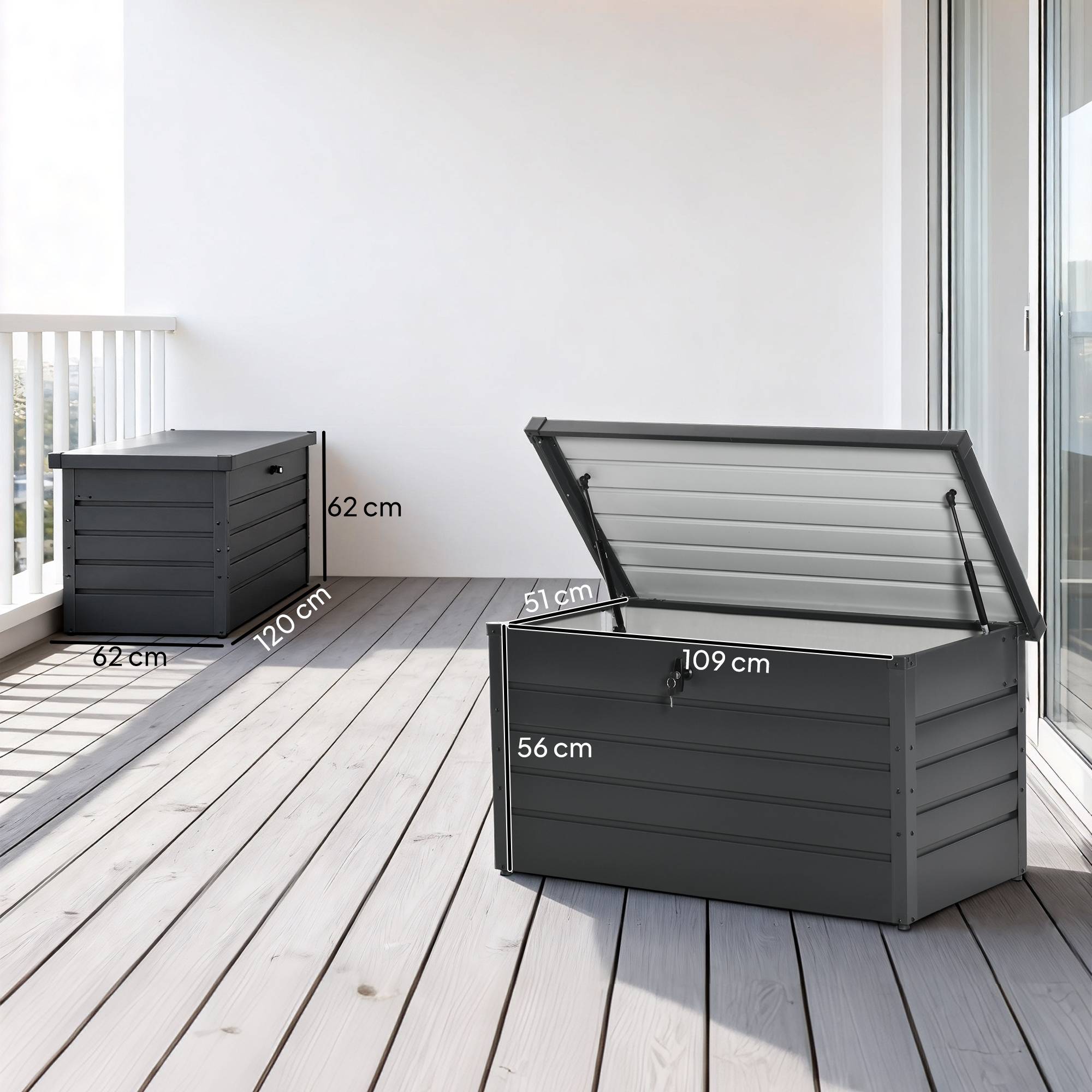 Banc coffre de rangement en acier pour extérieur avec serrure et pistons 120x62x62cm Gris - ComfortXL Outdoor Living - Image 5