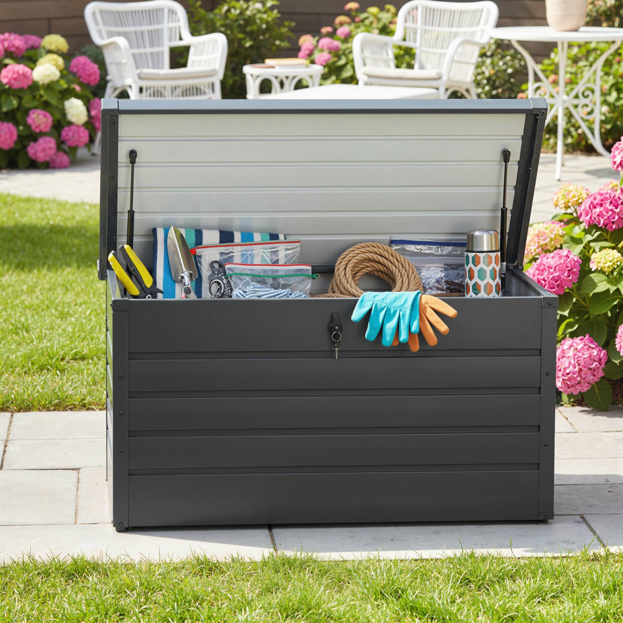 Banc coffre de rangement en acier pour extérieur avec serrure et pistons 120x62x62cm Gris - ComfortXL Outdoor Living - Image 9