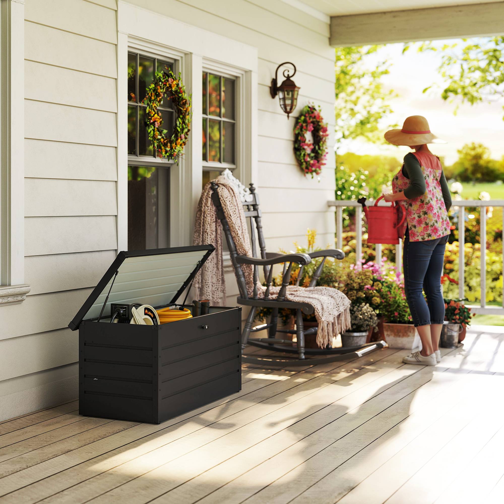 Banc coffre de rangement en acier pour extérieur avec serrure et pistons 120x62x62cm Gris - ComfortXL Outdoor Living - Image 10