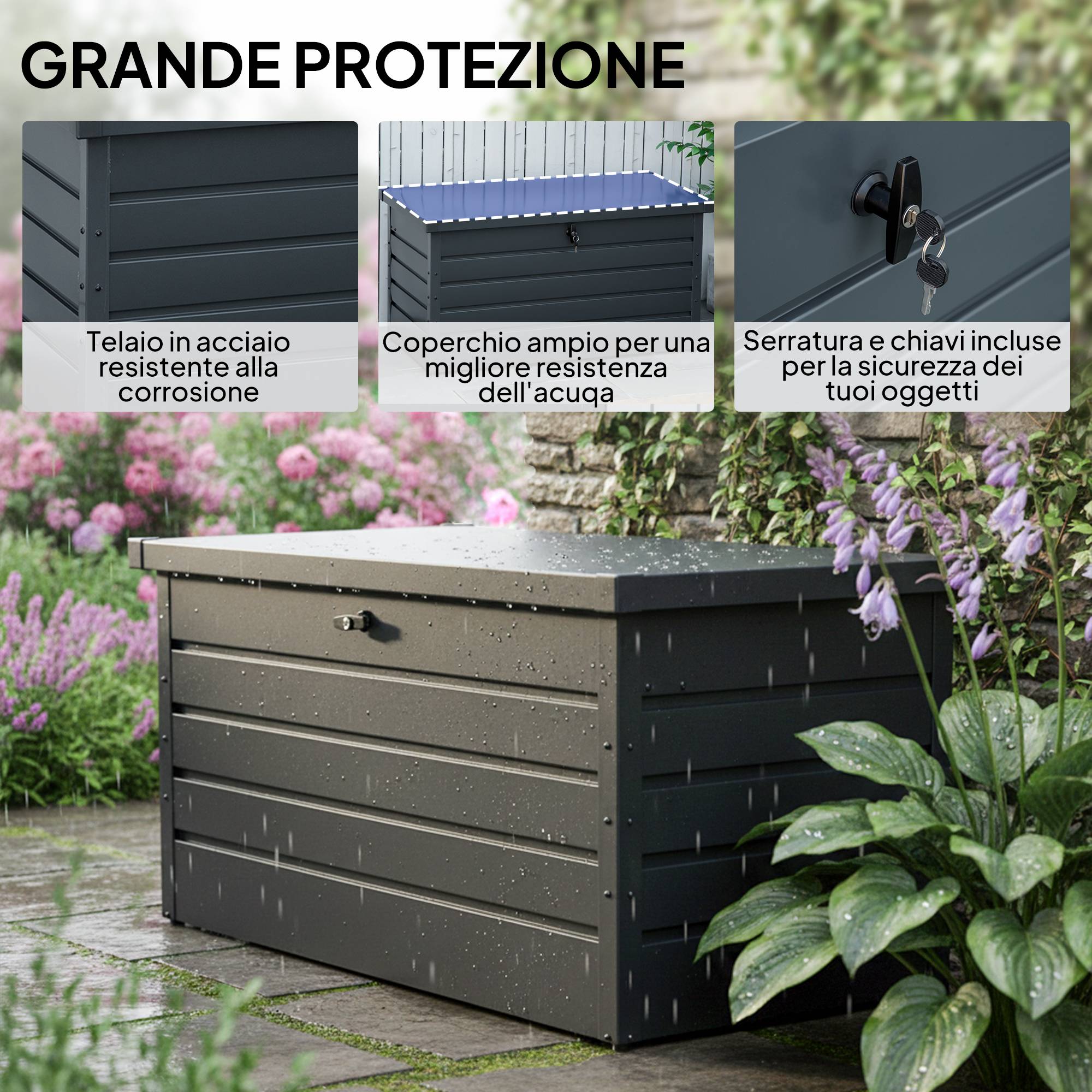 Banc coffre de rangement en acier pour extérieur avec serrure et pistons 120x62x62cm Gris - ComfortXL Outdoor Living - Image 8