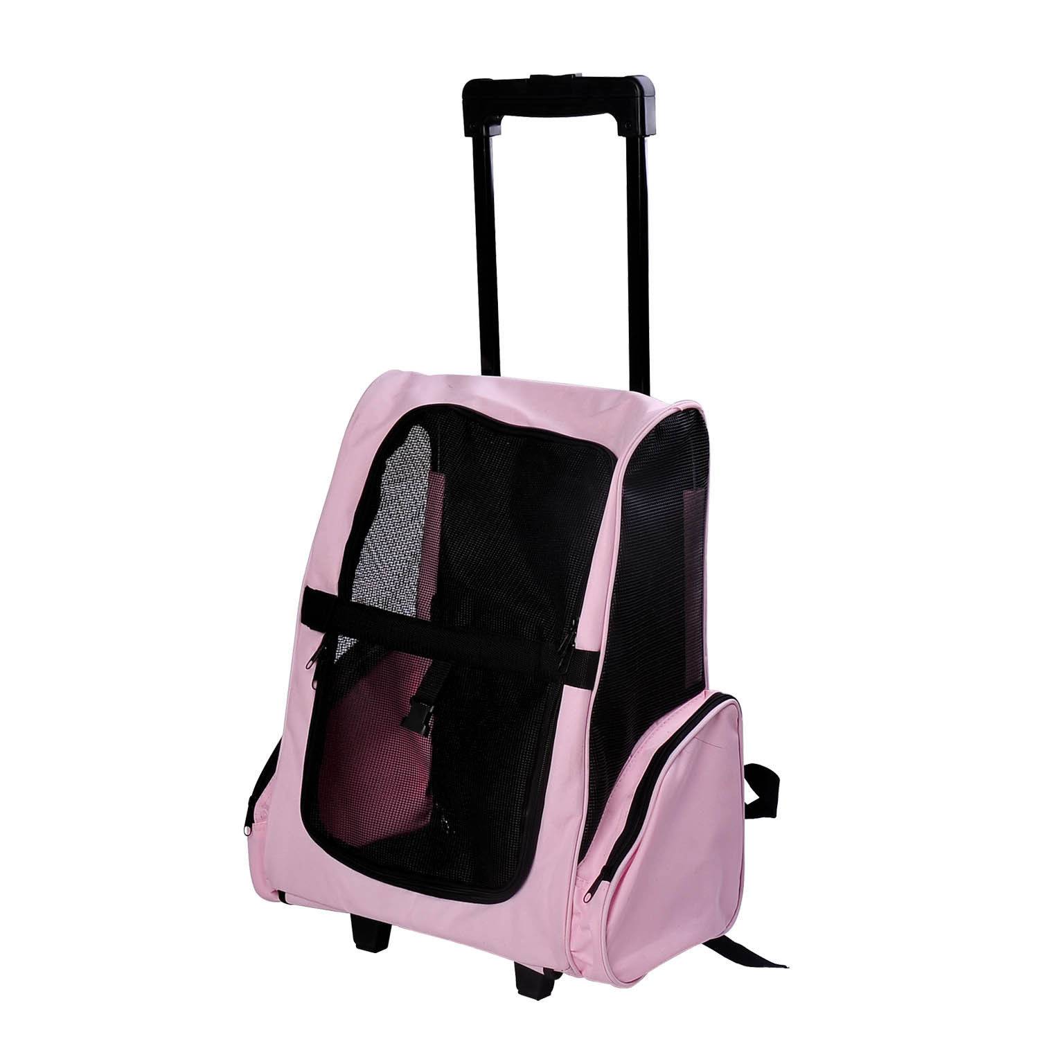 Sac à dos ou trolley de transport 2 en 1 pour chiens et chats, avec 2 roues, poignée rétractable en aluminium et poches, 42 x 25 x 55 cm, rose - Image 1