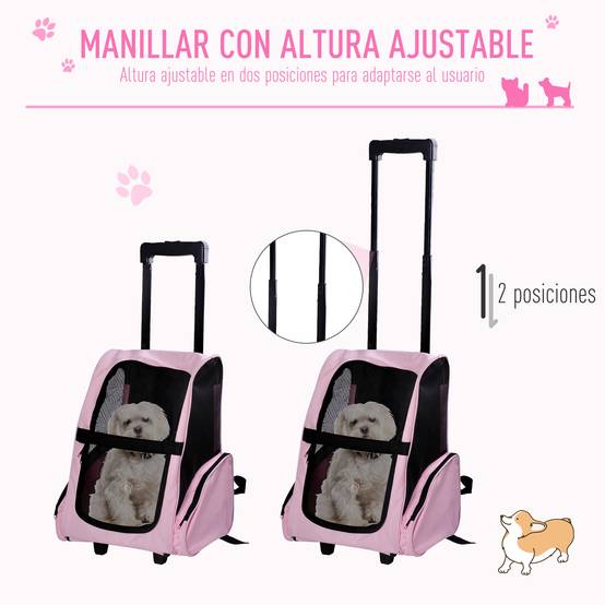 Sac à dos ou trolley de transport 2 en 1 pour chiens et chats, avec 2 roues, poignée rétractable en aluminium et poches, 42 x 25 x 55 cm, rose - Image 6