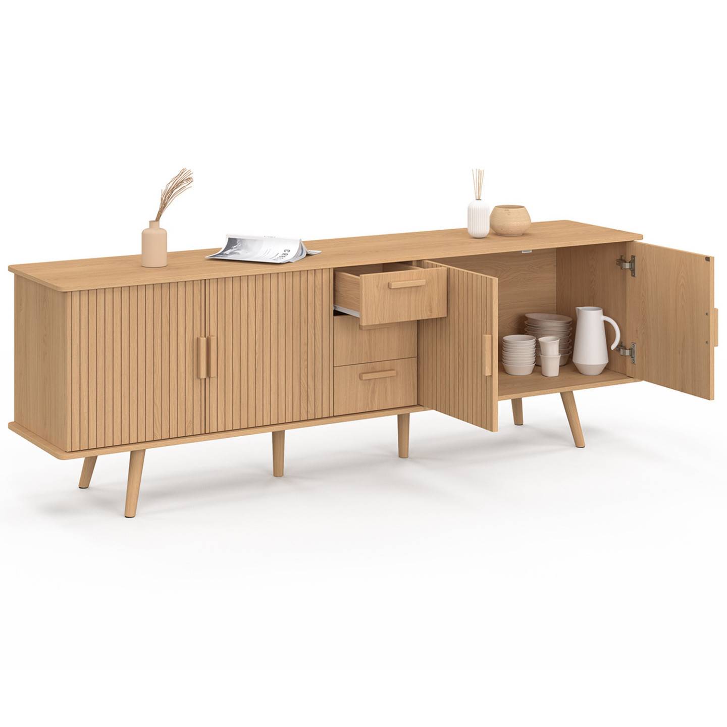Buffet 180 cm JULIETTE XXL 4 portes et 3 tiroirs effet lattes tasseau bois - Image 4