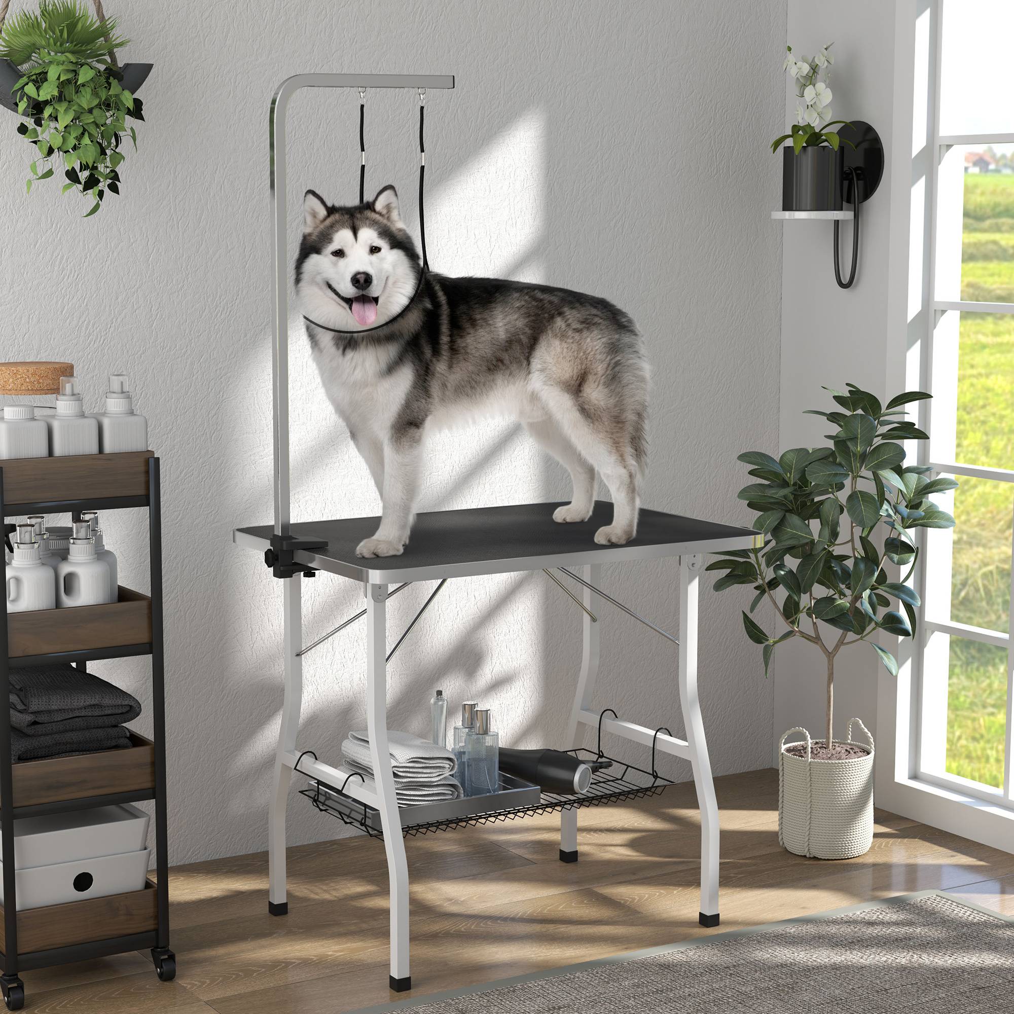 Sans Marque - Table de toilettage pour chien, table de toilettage avec bras réglable, compartiment de rangement, surface en caoutchouc, 90 x 60 x 76 cm, noire - Image 4