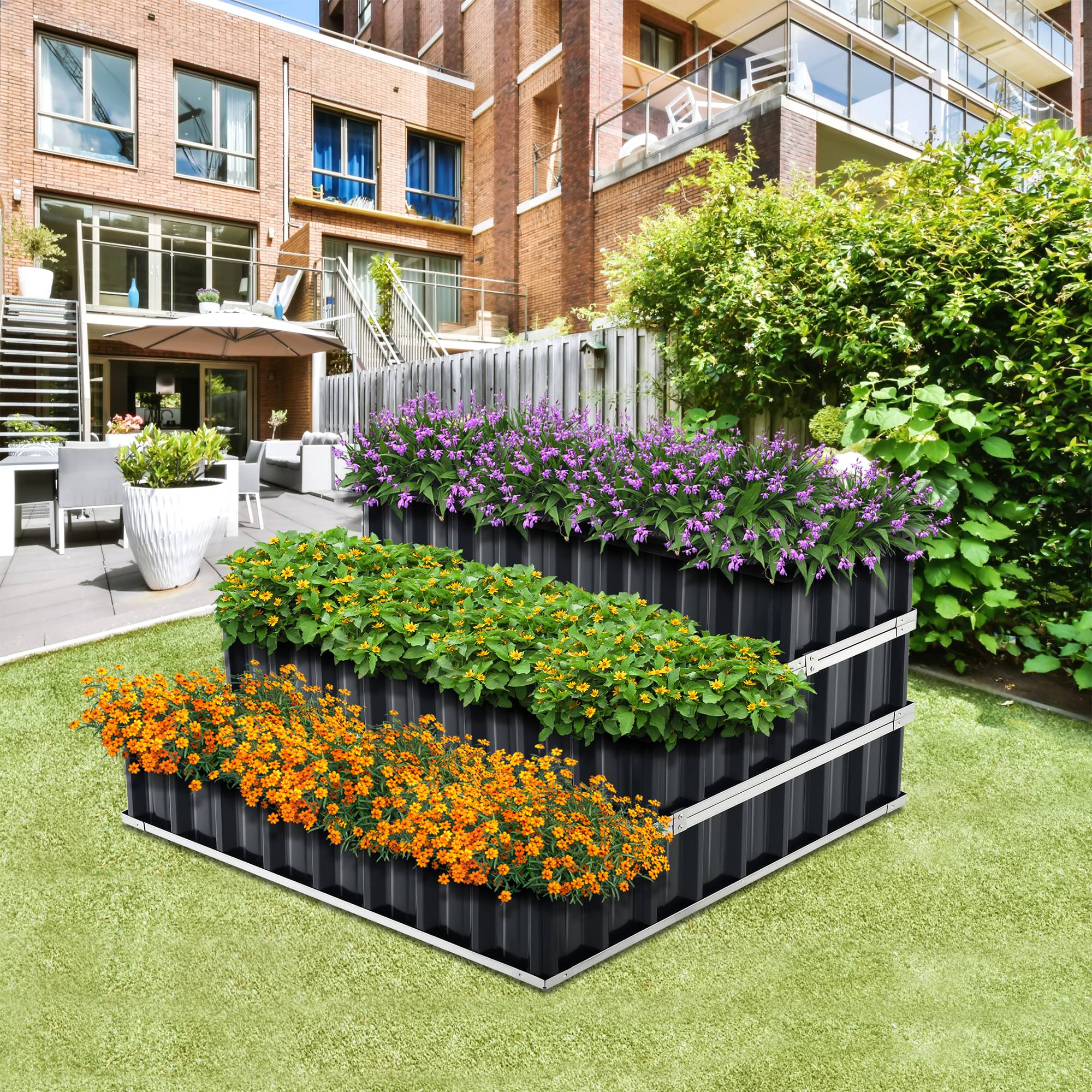 Carré potager Renswoude à 3 niveaux en acier galvanisé 118 x 118 x 60 cm anthracite [en.casa] - Image 2