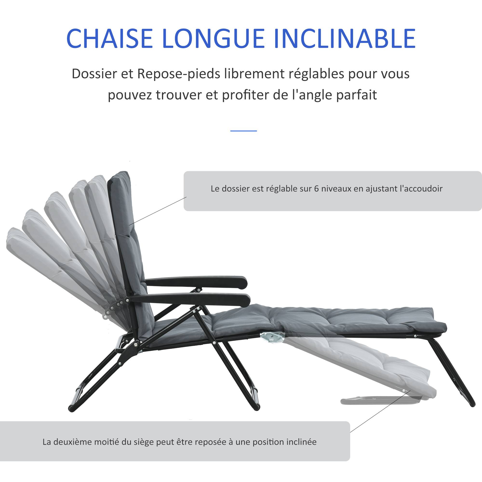 Bain de soleil pliable transat inclinable 6 positions, matelas et accoudoirs, acier polyester, gris - Image 6