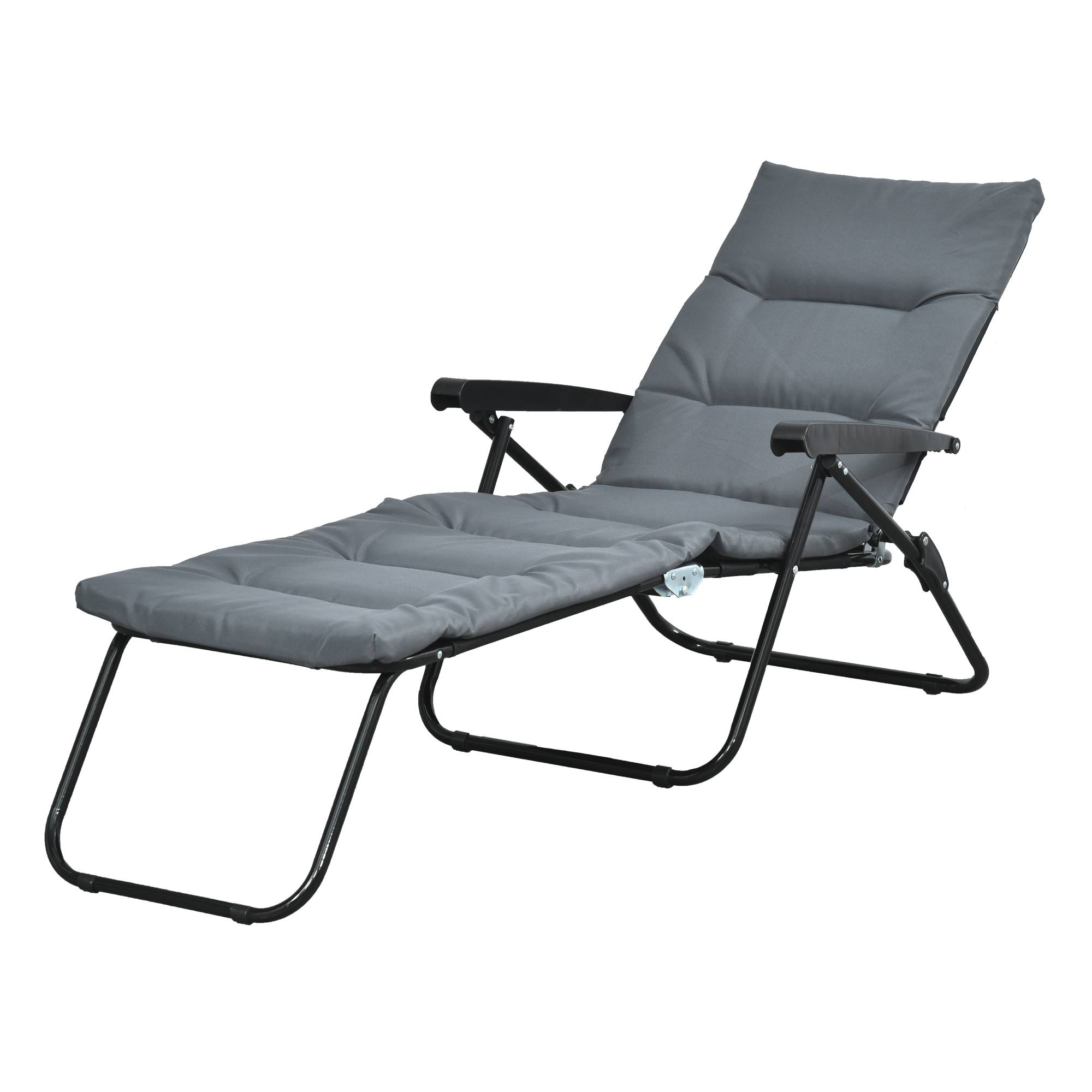 Bain de soleil pliable transat inclinable 6 positions, matelas et accoudoirs, acier polyester, gris - Image 1