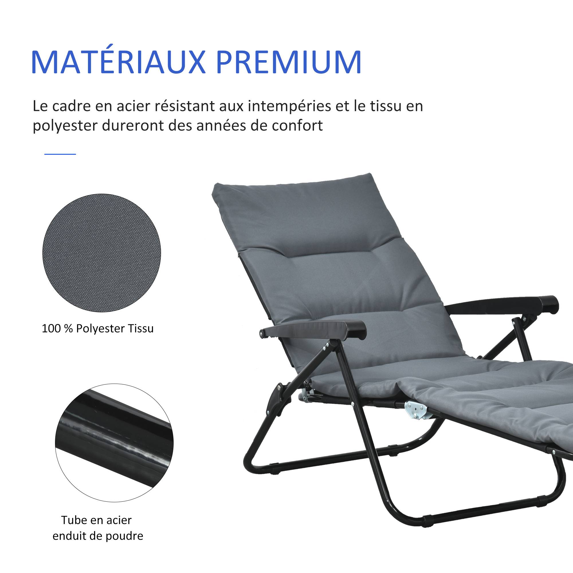 Bain de soleil pliable transat inclinable 6 positions, matelas et accoudoirs, acier polyester, gris - Image 9