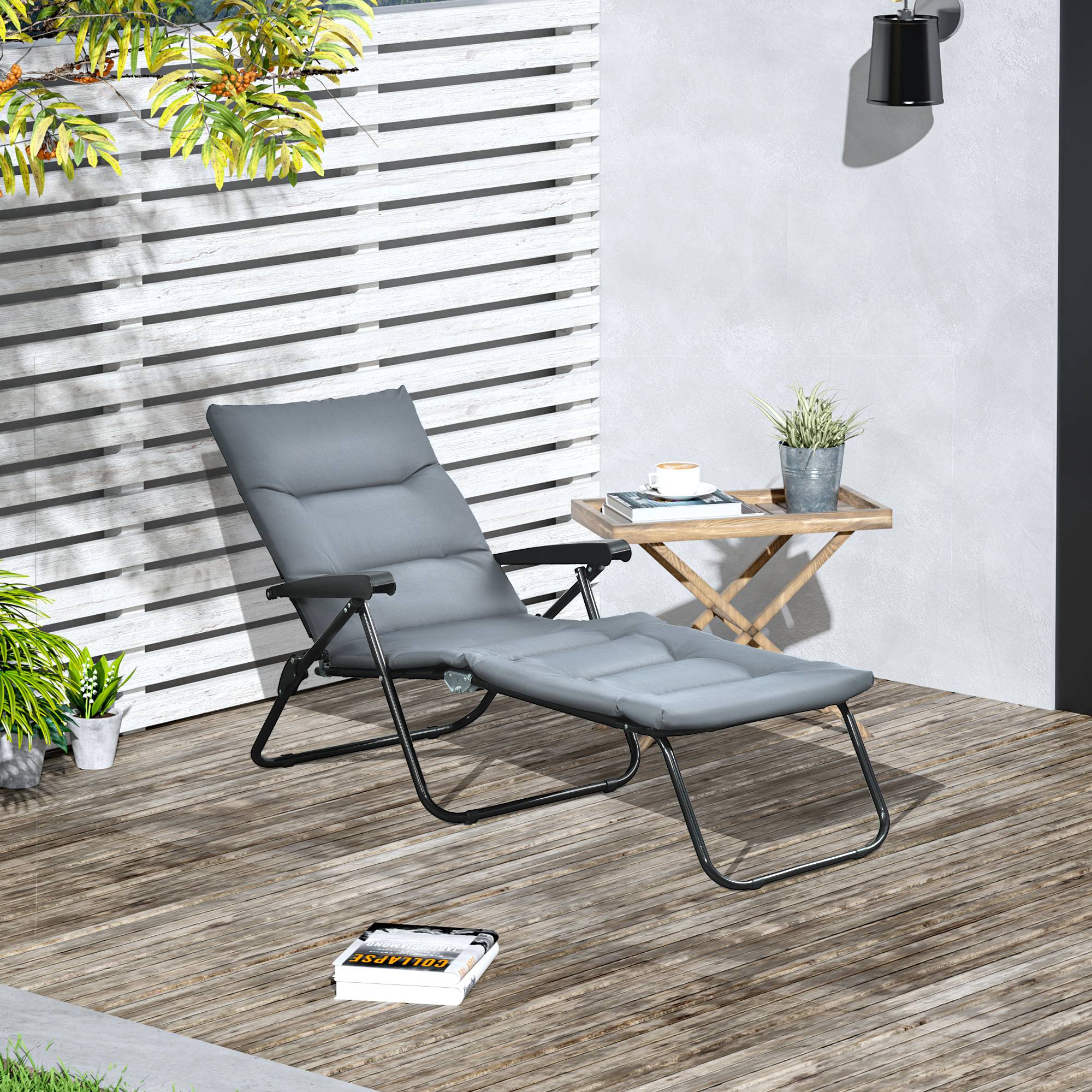 Bain de soleil pliable transat inclinable 6 positions, matelas et accoudoirs, acier polyester, gris - Image 3
