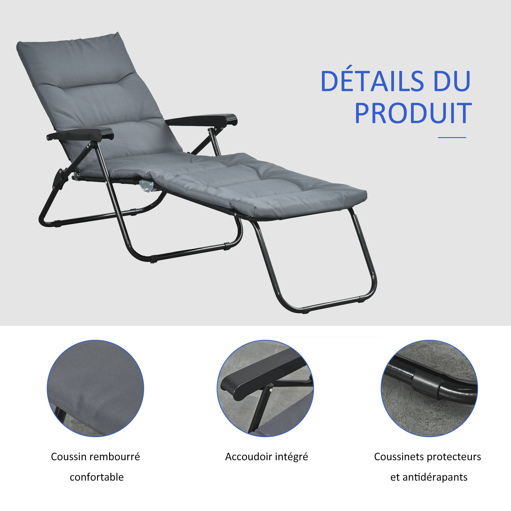 Bain de soleil pliable transat inclinable 6 positions, matelas et accoudoirs, acier polyester, gris - Image 7