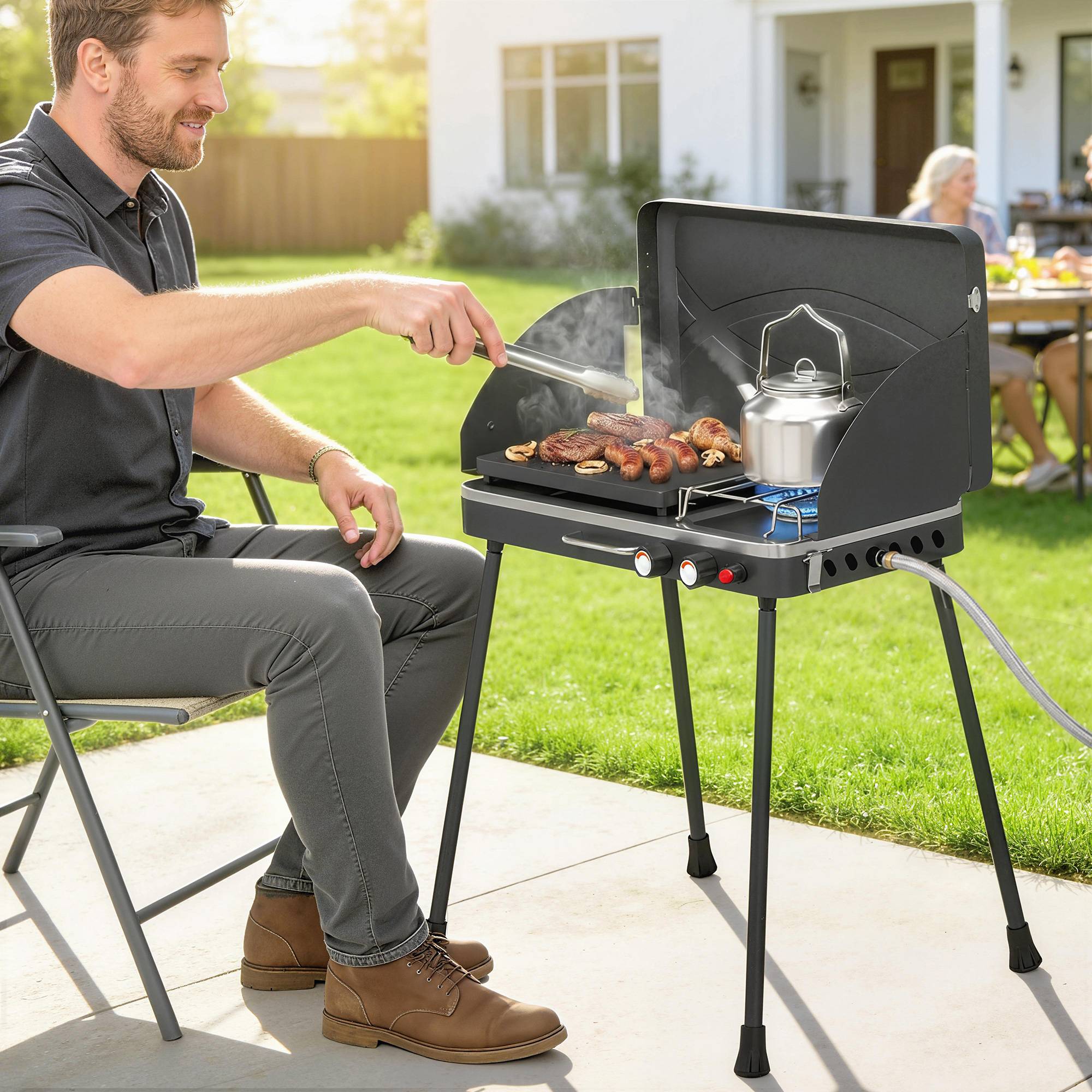 Barbecue à gaz propane portable 2 en 1 7 kW, à poser ou à poser, avec grande plaque de cuisson et pieds amovibles - Noir - Image 3